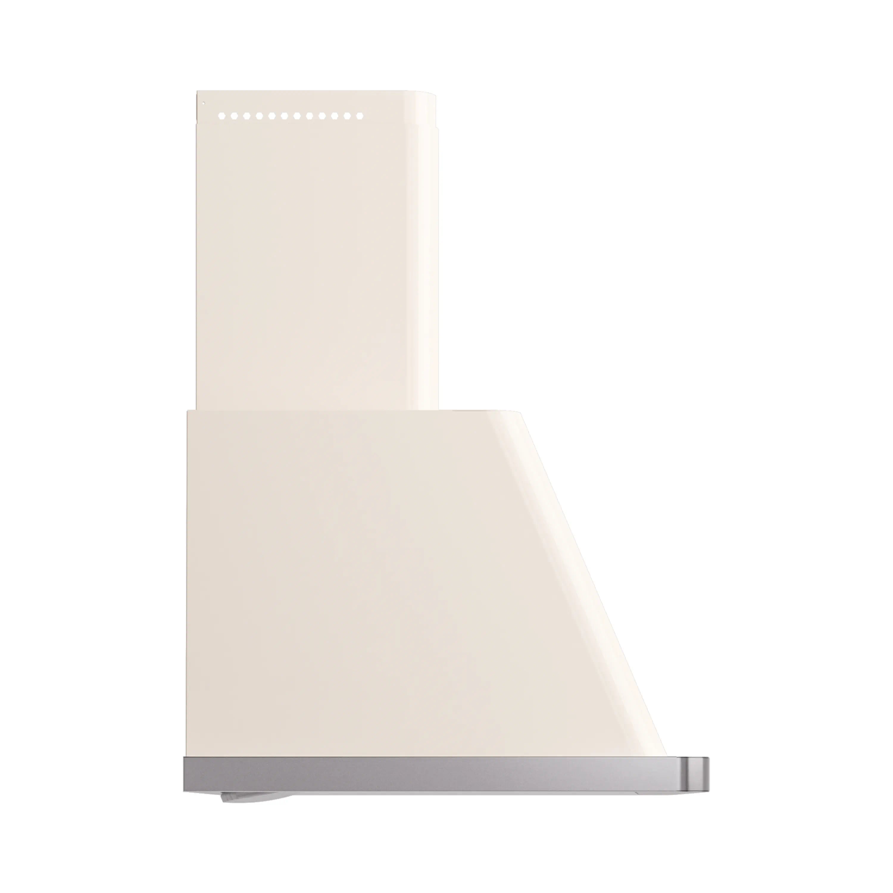 Antique white wall-mount range hood with stainless lower trim and angled chimney