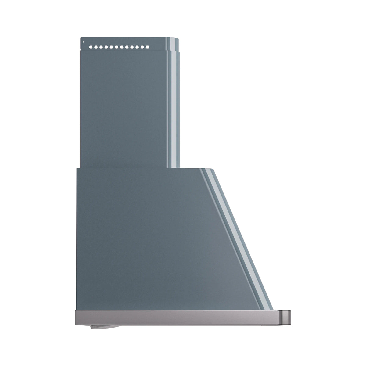 Blue gray wall-mount range hood angled side profile with metal trim