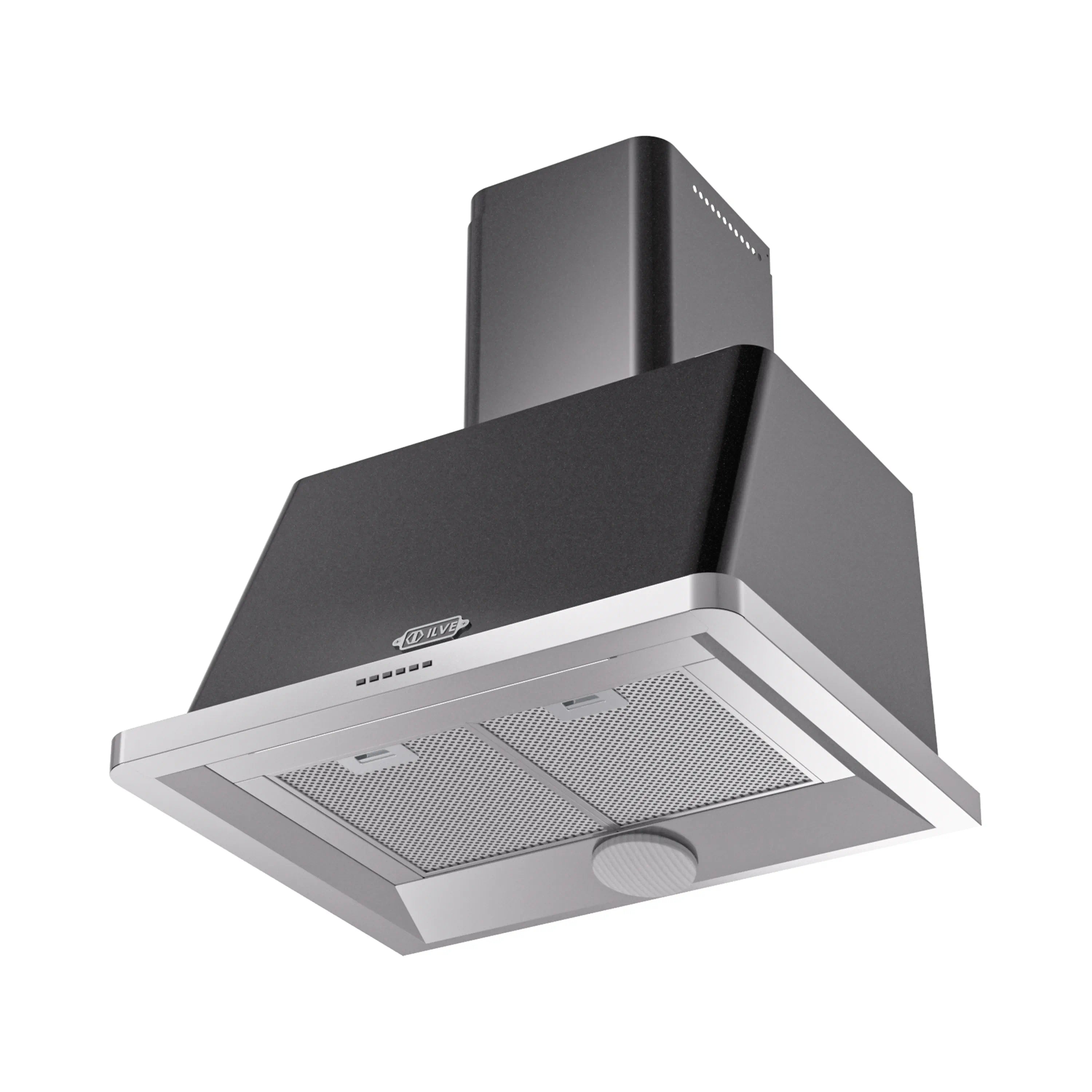 Glossy black wall-mount range hood with slanted canopy and two mesh filter panels