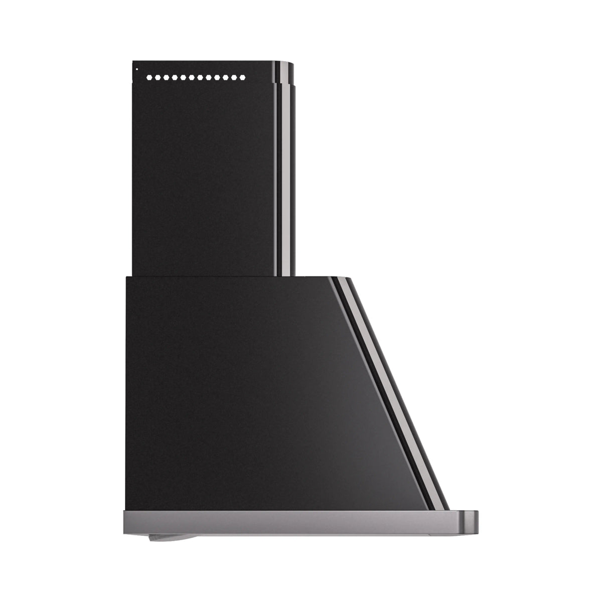 Glossy black wall-mount range hood side view with chimney and metallic trim panel