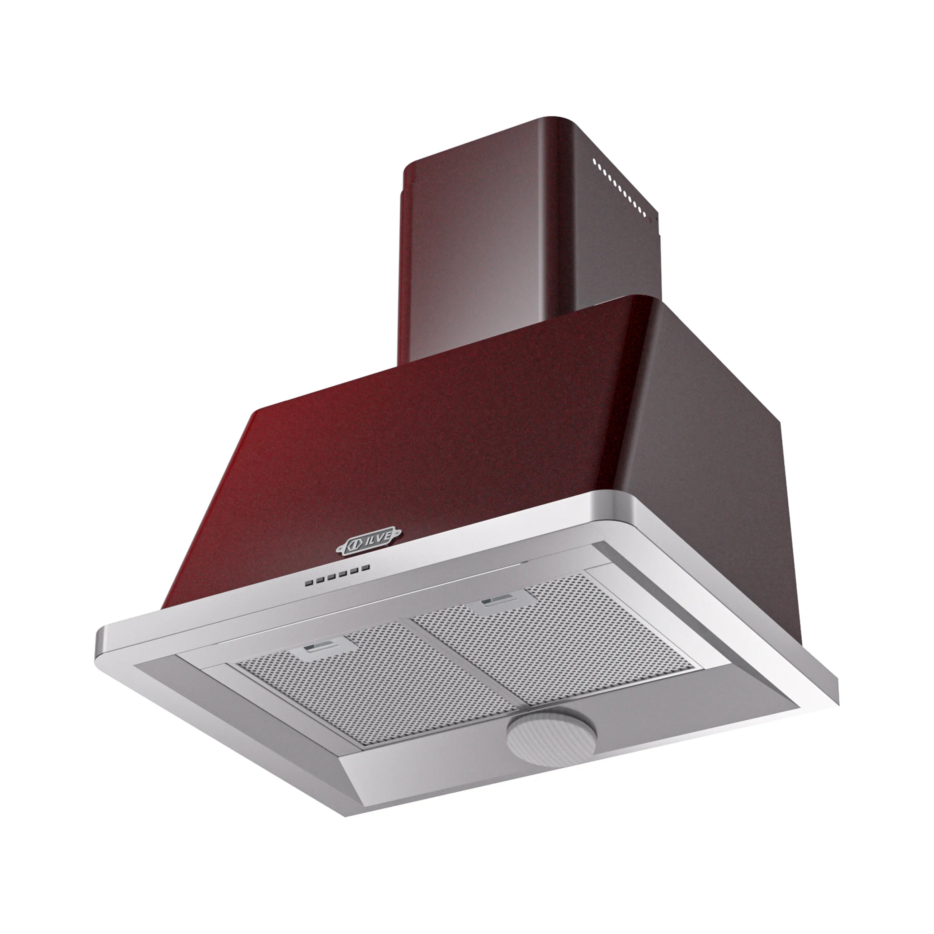 Burgundy wall-mount range hood with stainless underside and dual mesh filters