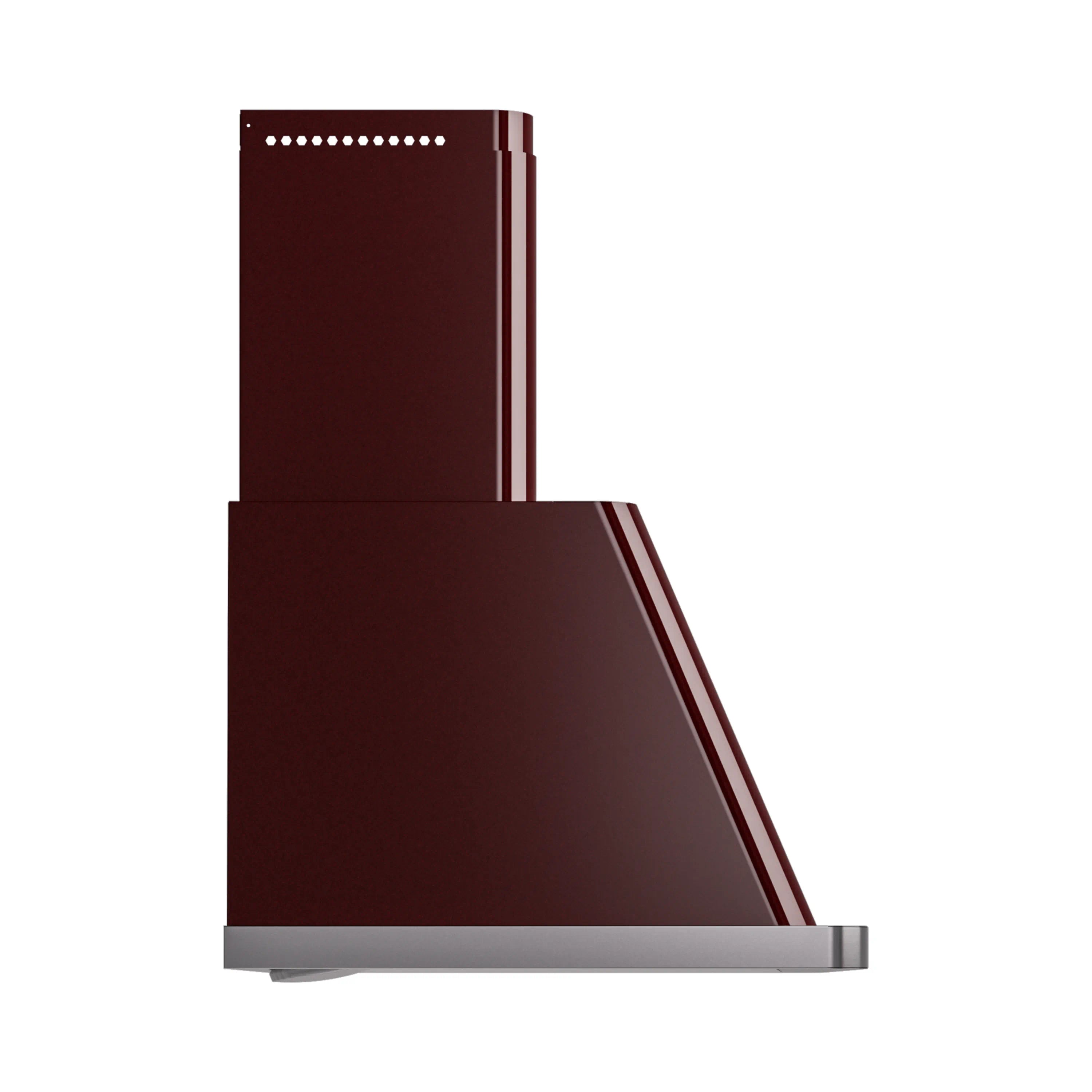 Burgundy wall-mount range hood with stainless base and angled chimney baffle