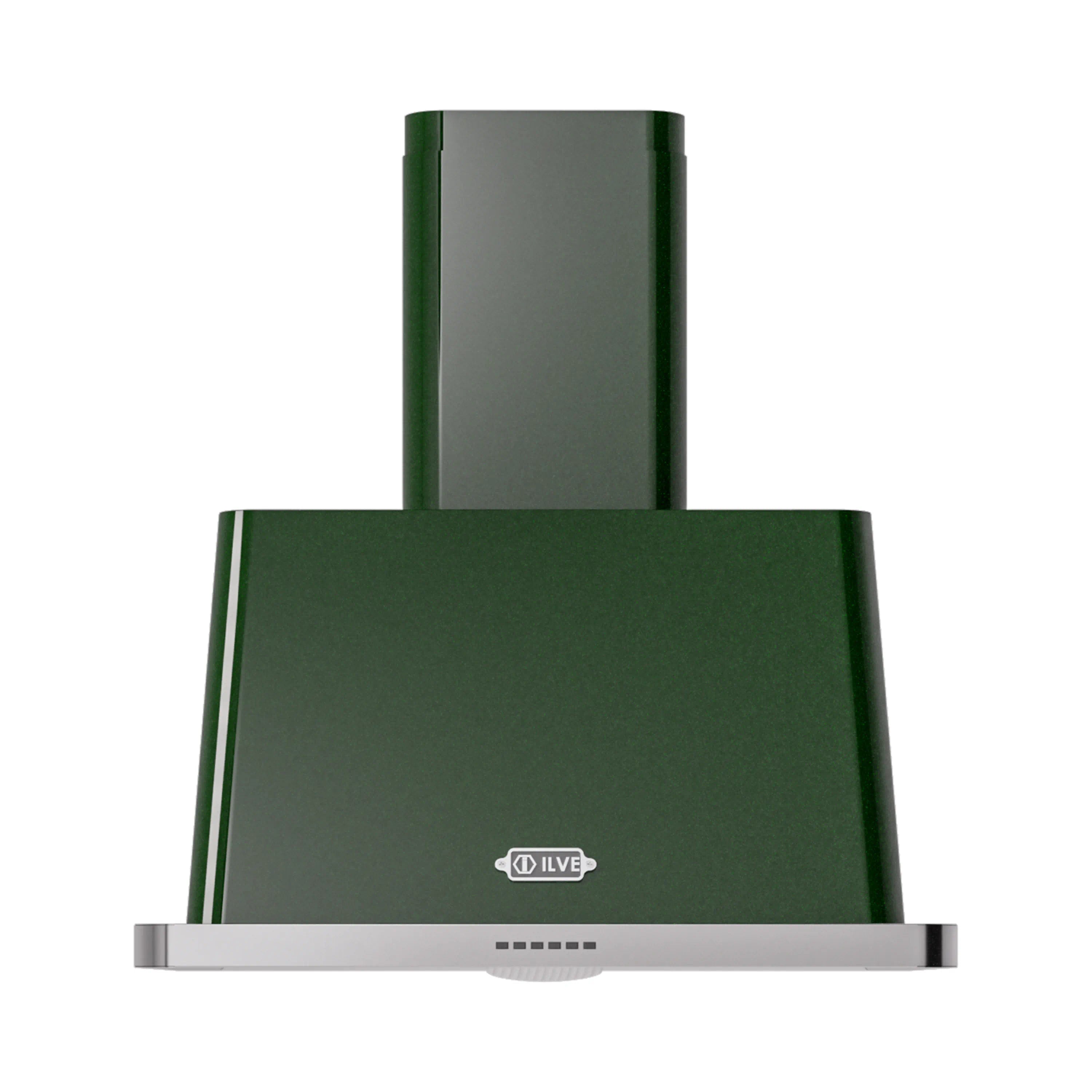 Emerald green wall mount range hood with stainless trim and front vent grilles