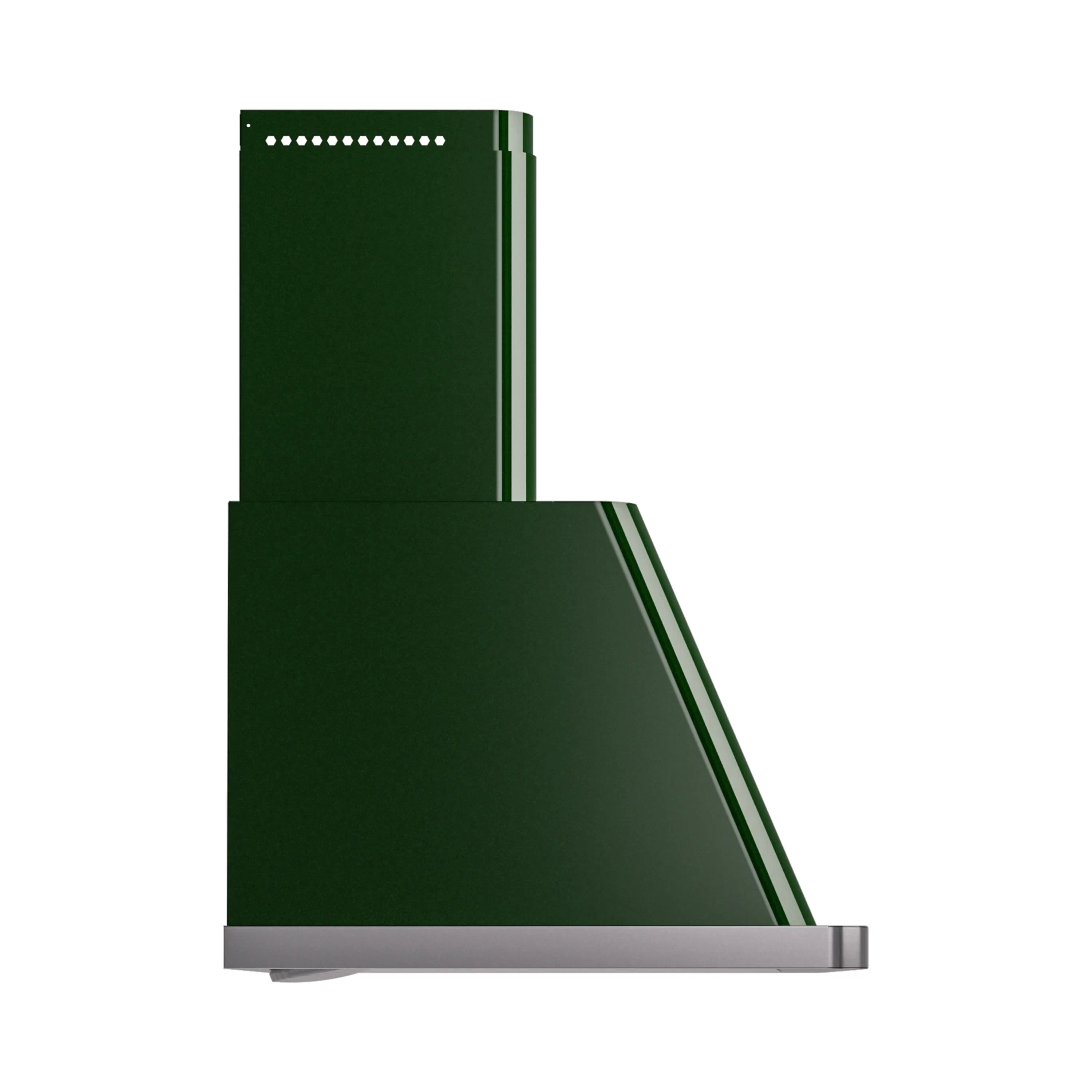 Emerald green wall mount range hood with angled canopy and stainless bottom trim