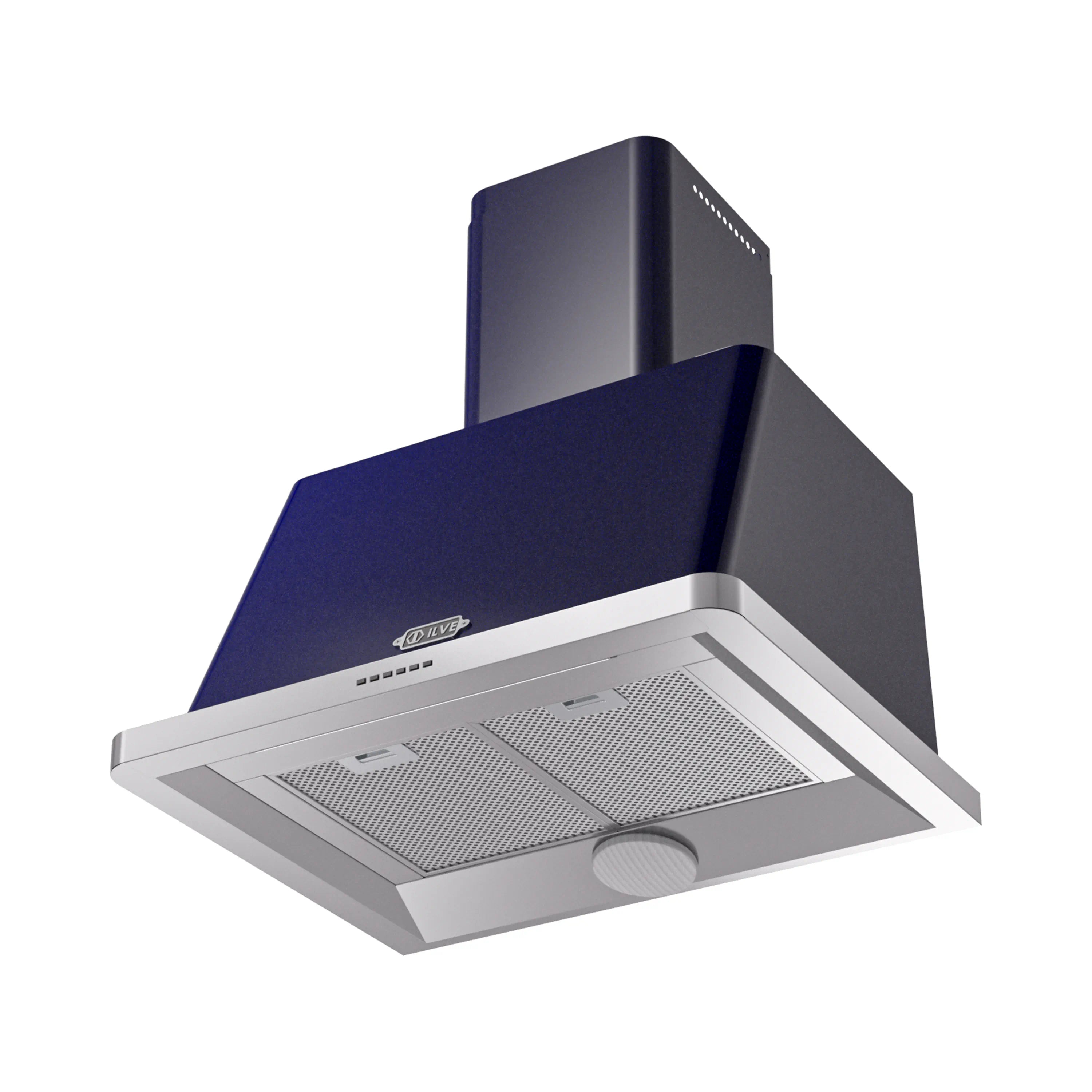 ILVE wall-mount range hood, midnight blue with stainless filter panel
