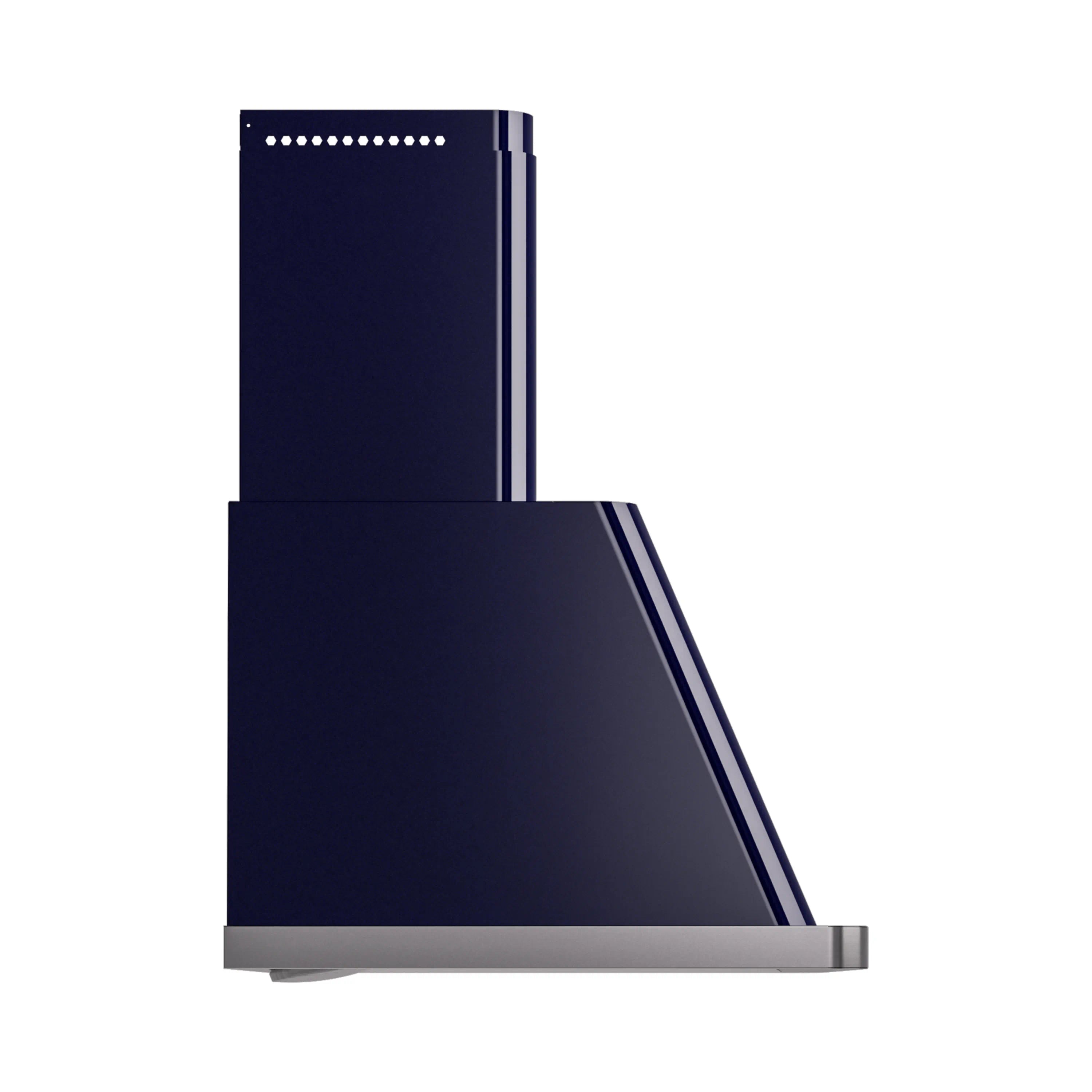 ILVE wall-mount range hood, midnight blue side profile with stainless trim