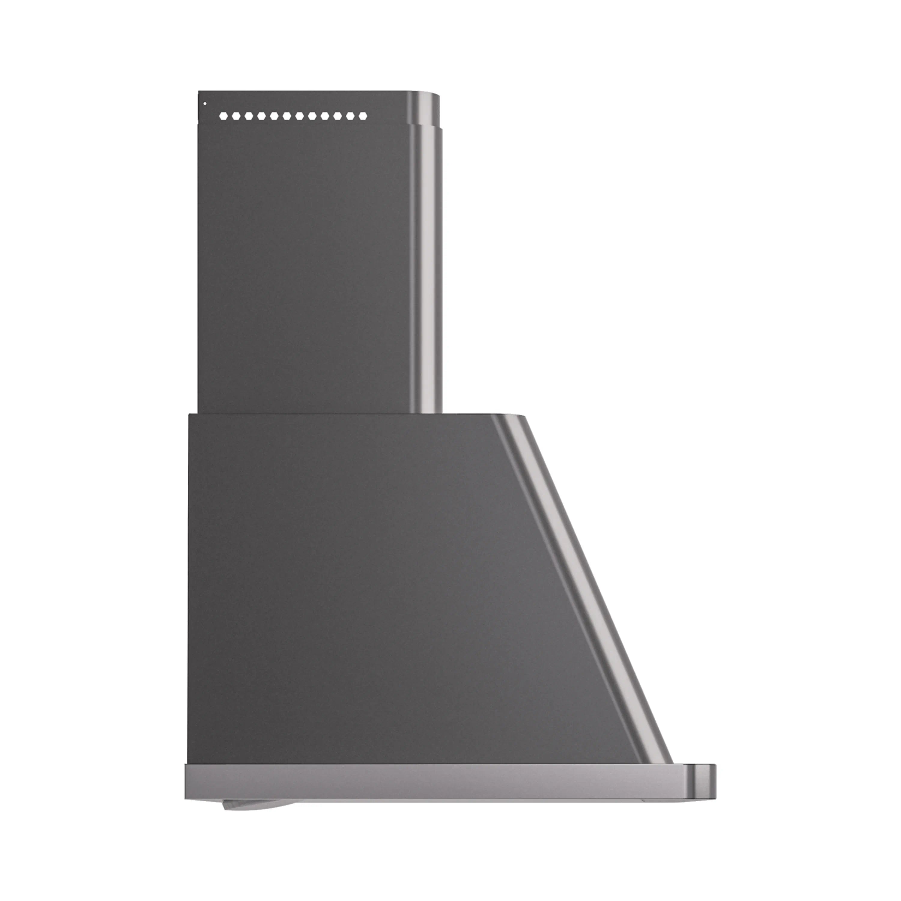 Graphite matte wall range hood with sloped canopy and perforated chimney vent