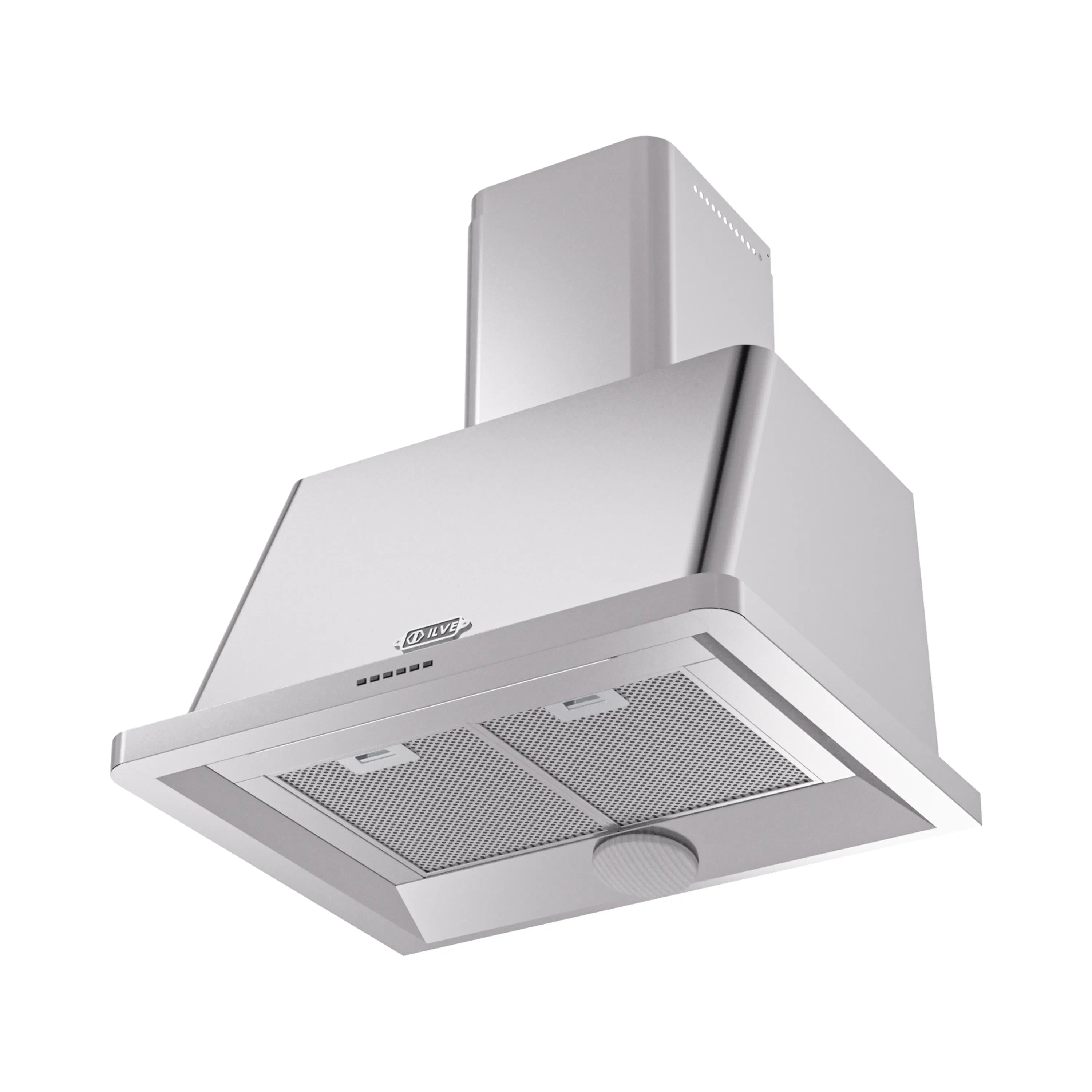 Stainless steel wall-mount range hood with mesh filter grilles and control panel