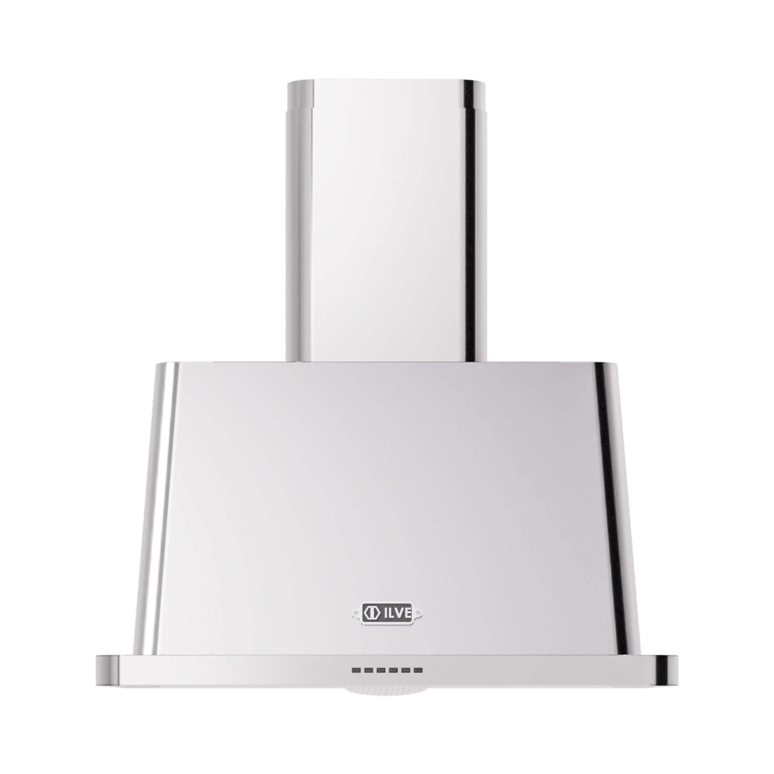 Stainless steel wall-mount range hood front view with control vent and chimney