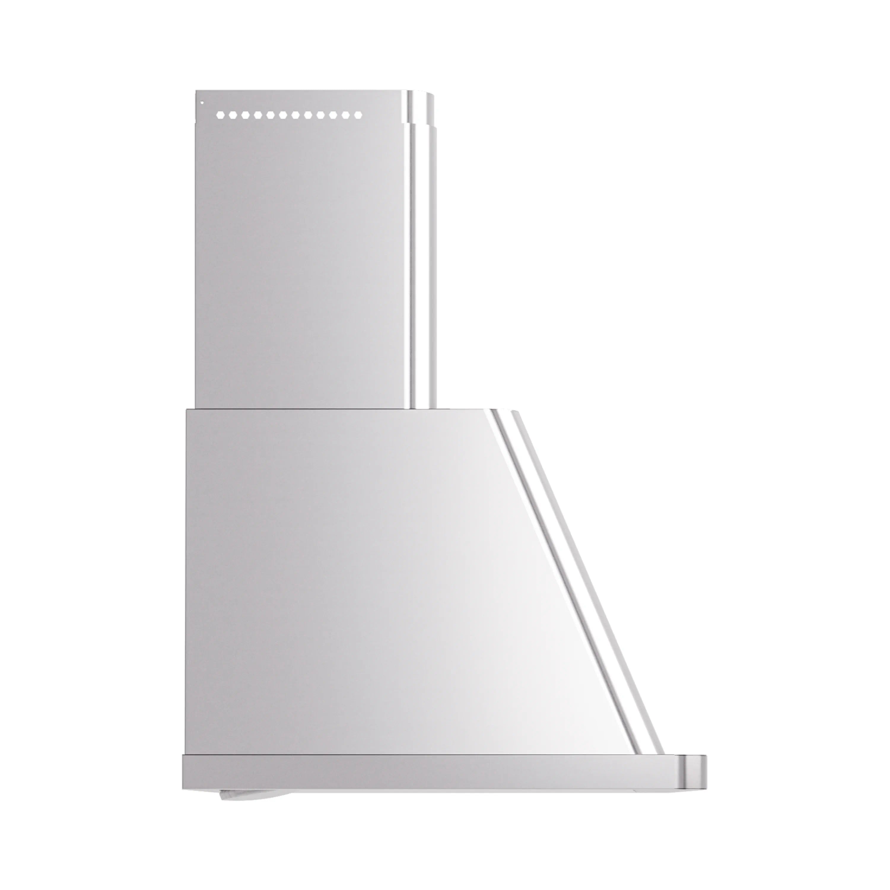 Stainless steel wall-mount range hood side profile with angled chimney and canopy