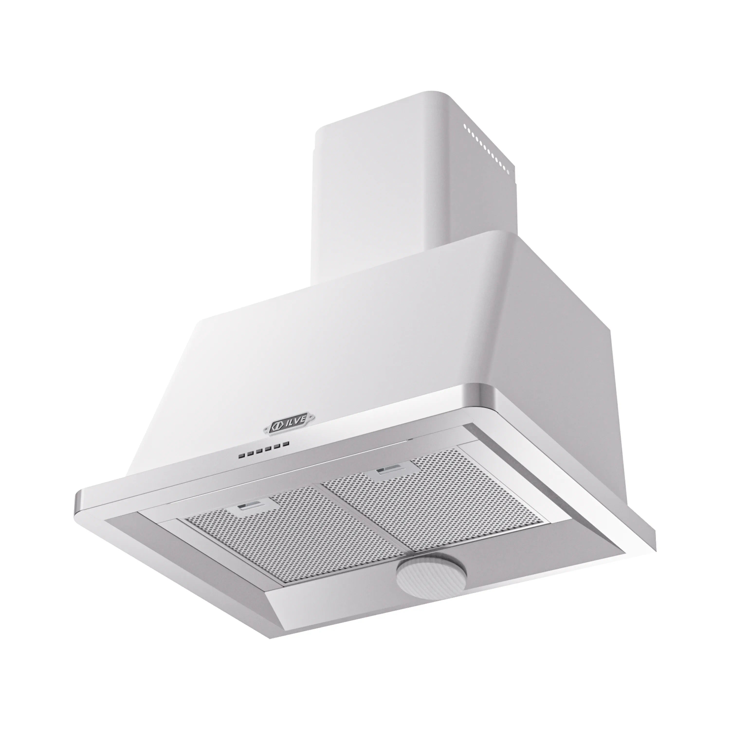 ILVE white wall mount range hood with mesh filters and central control knob