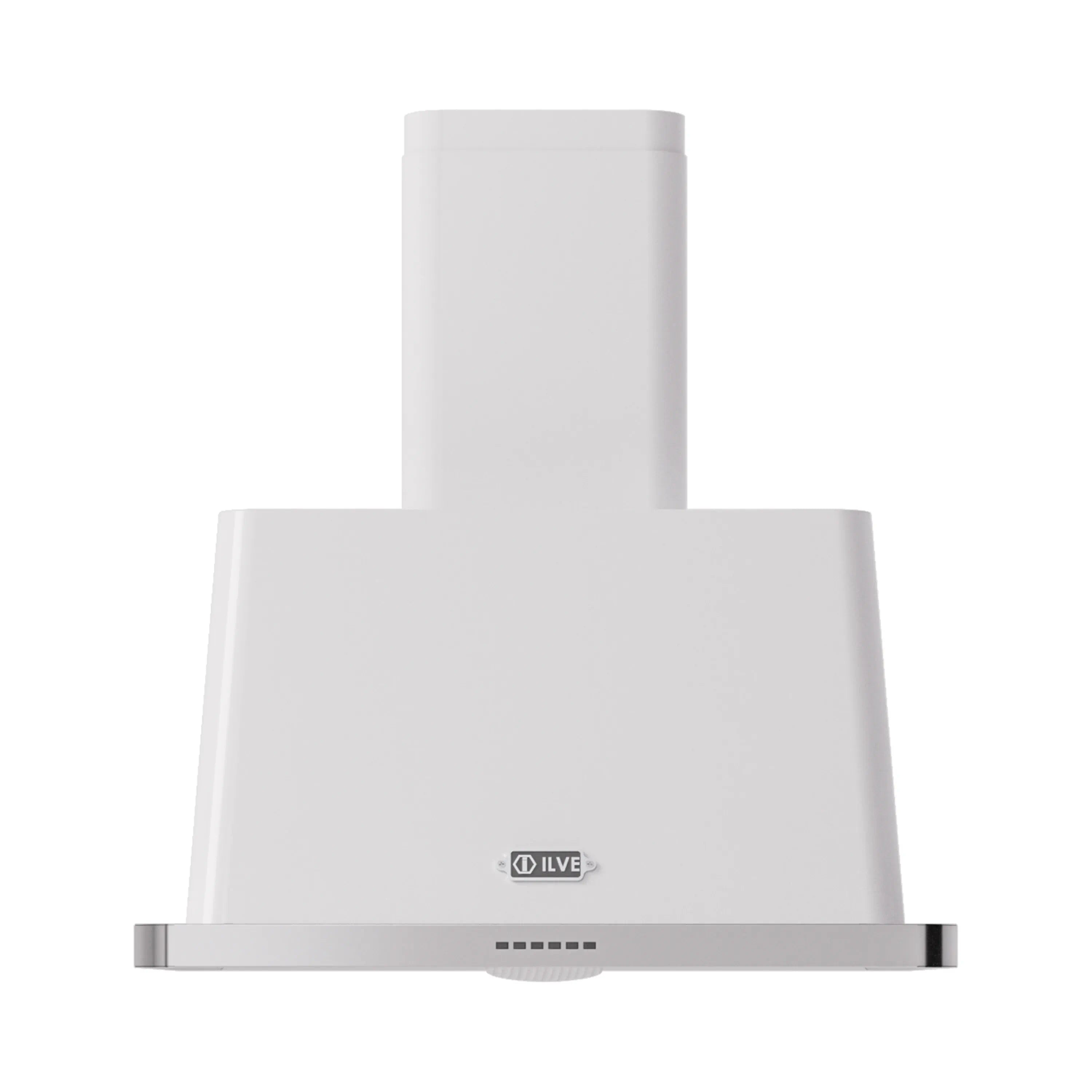 ILVE white wall mount range hood front view with chimney and bottom vent slots