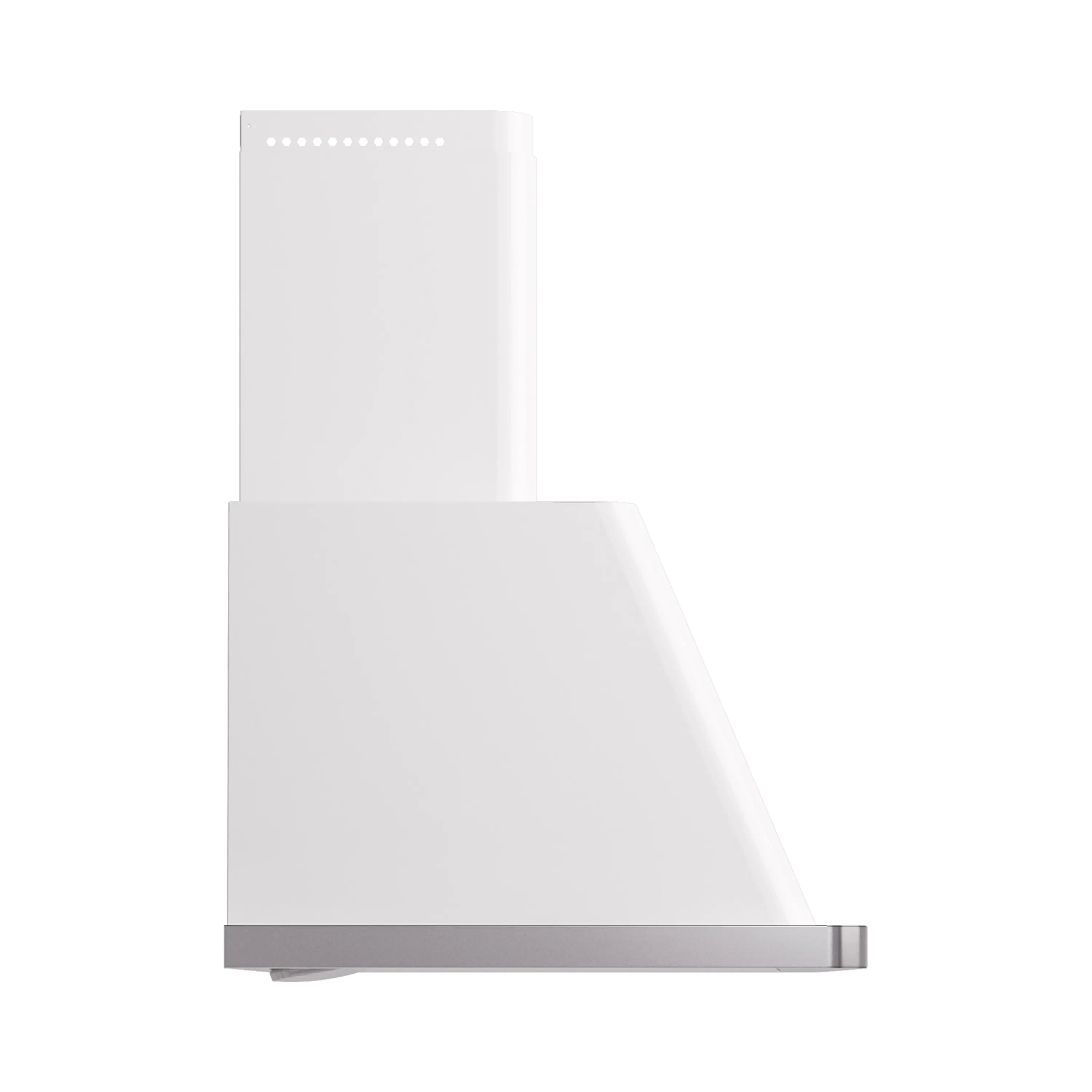 ILVE white wall mount range hood angled side profile with chimney and metal trim