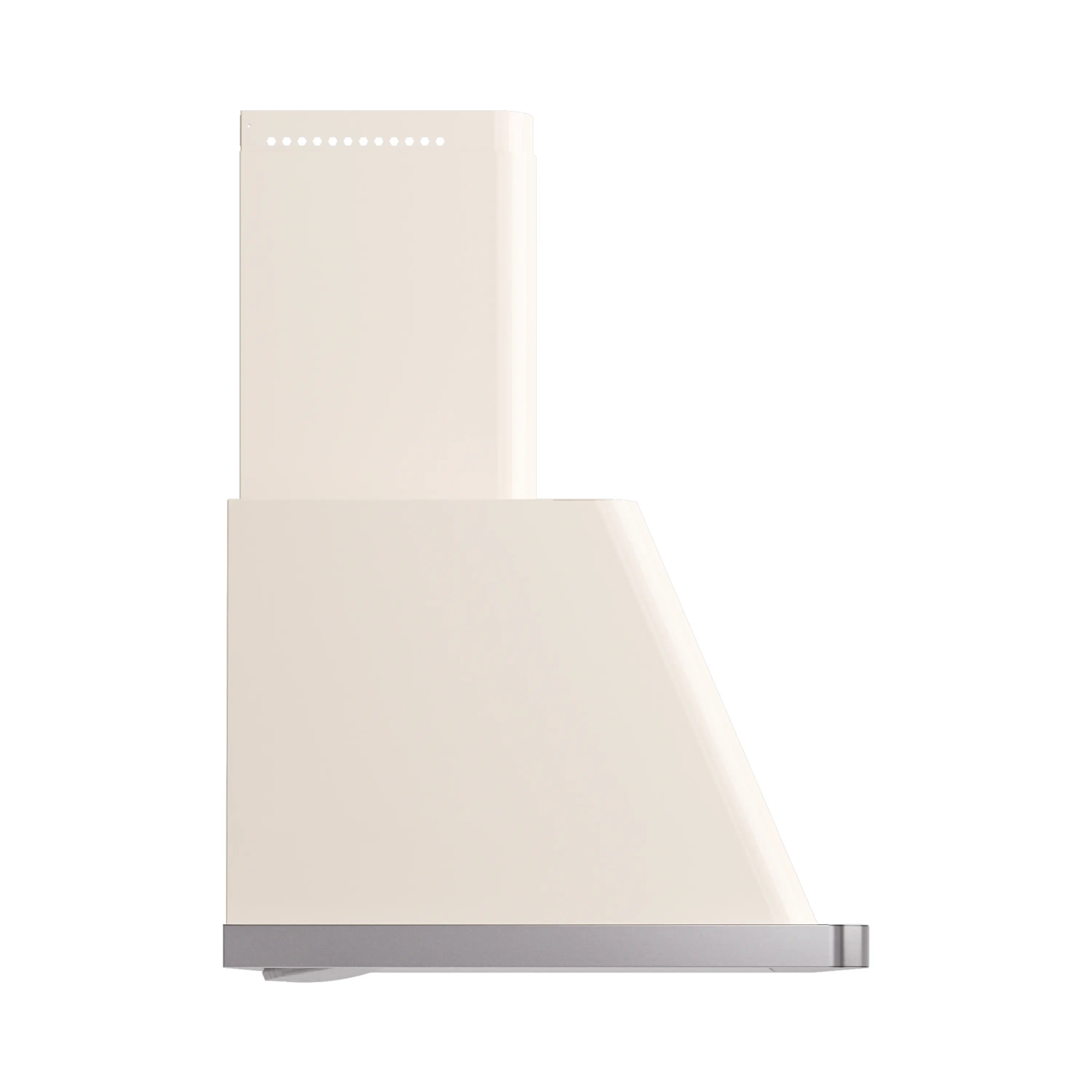 Antique white wall mount range hood with angled canopy and stainless bottom trim