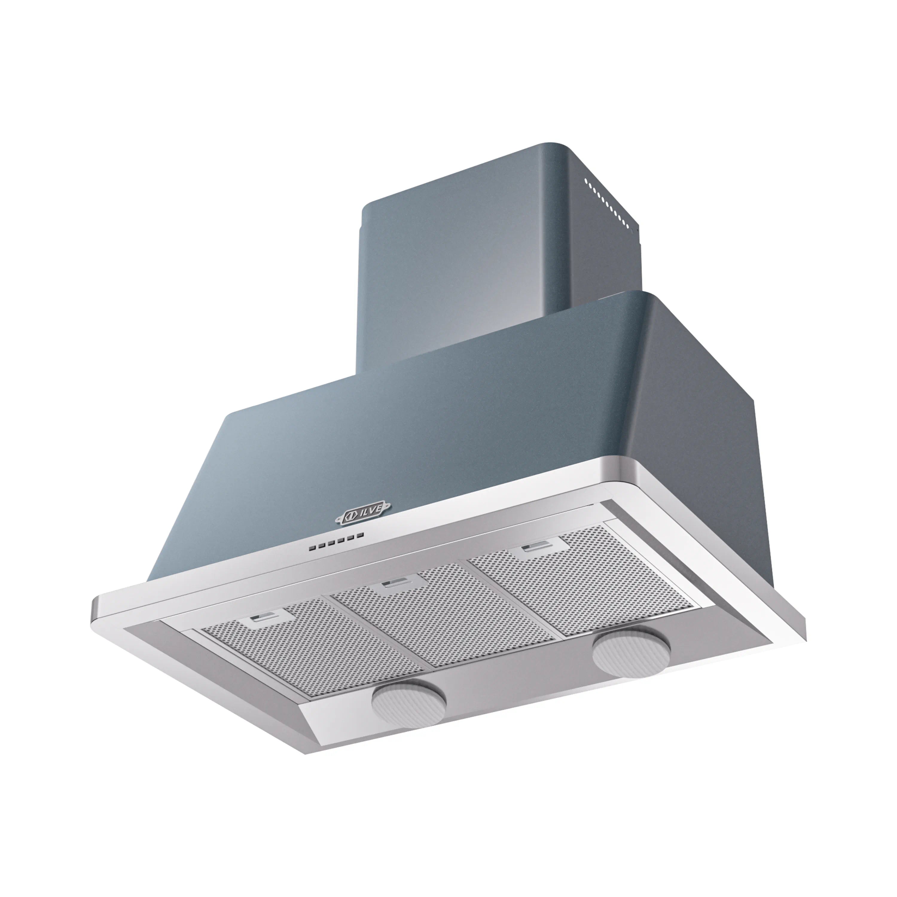 Blue grey wall-mount range hood with mesh filter grilles and stainless vent trim