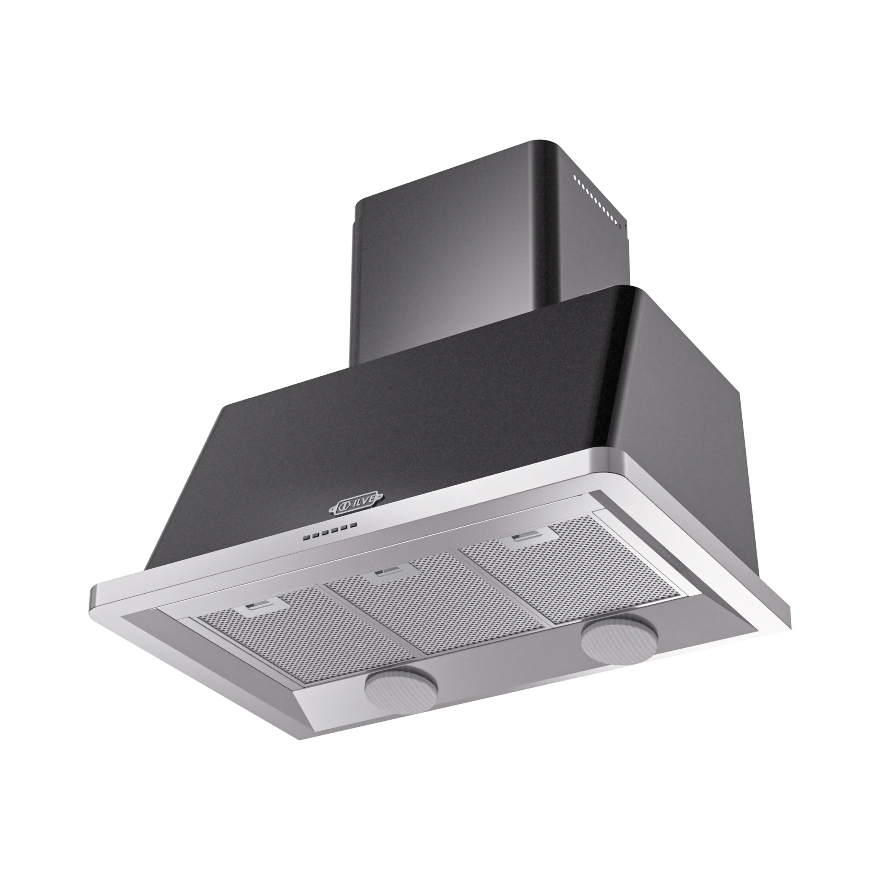 Glossy black wall-mount range hood with stainless filters and vent lights