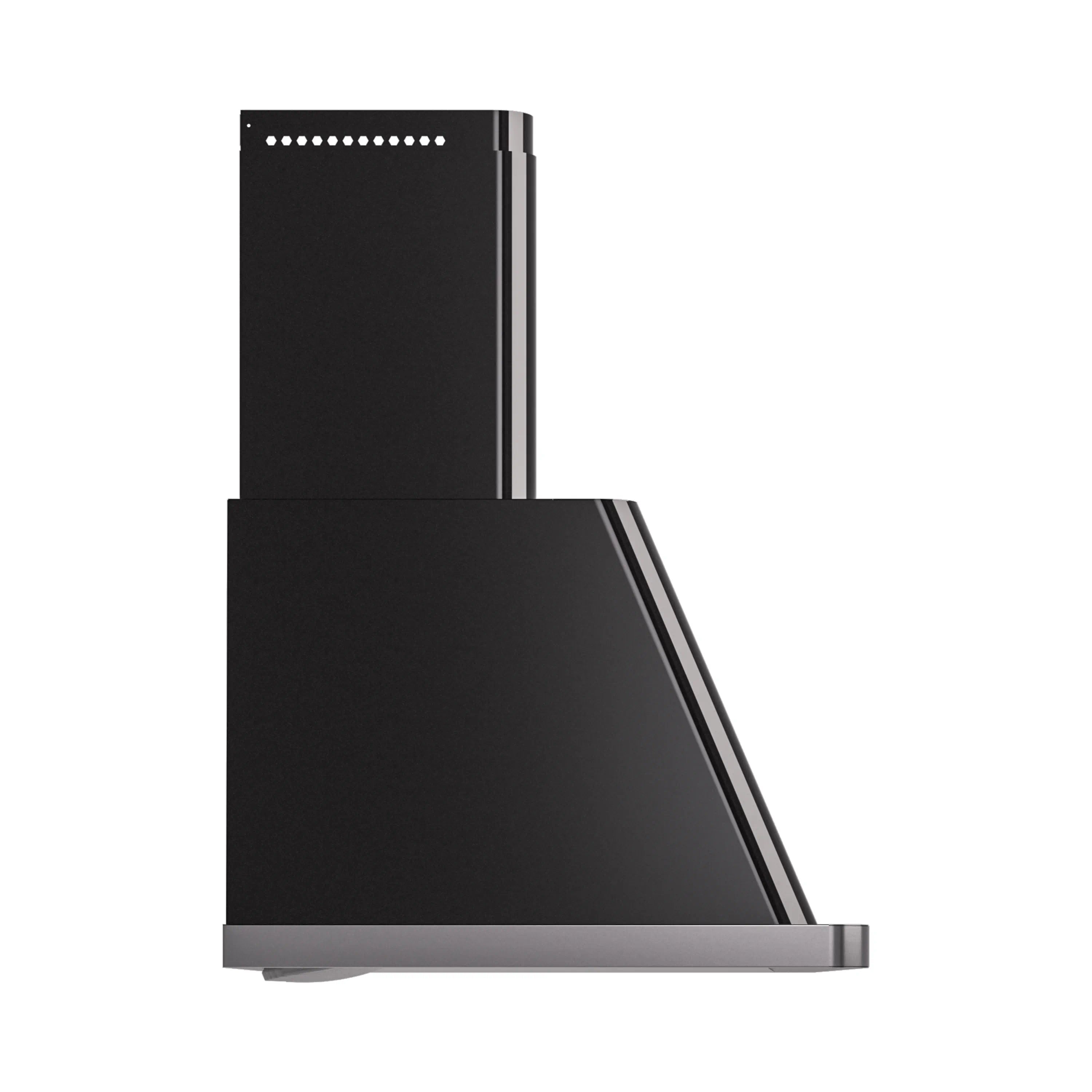 Glossy black wall-mount range hood with angled chimney and silver trim