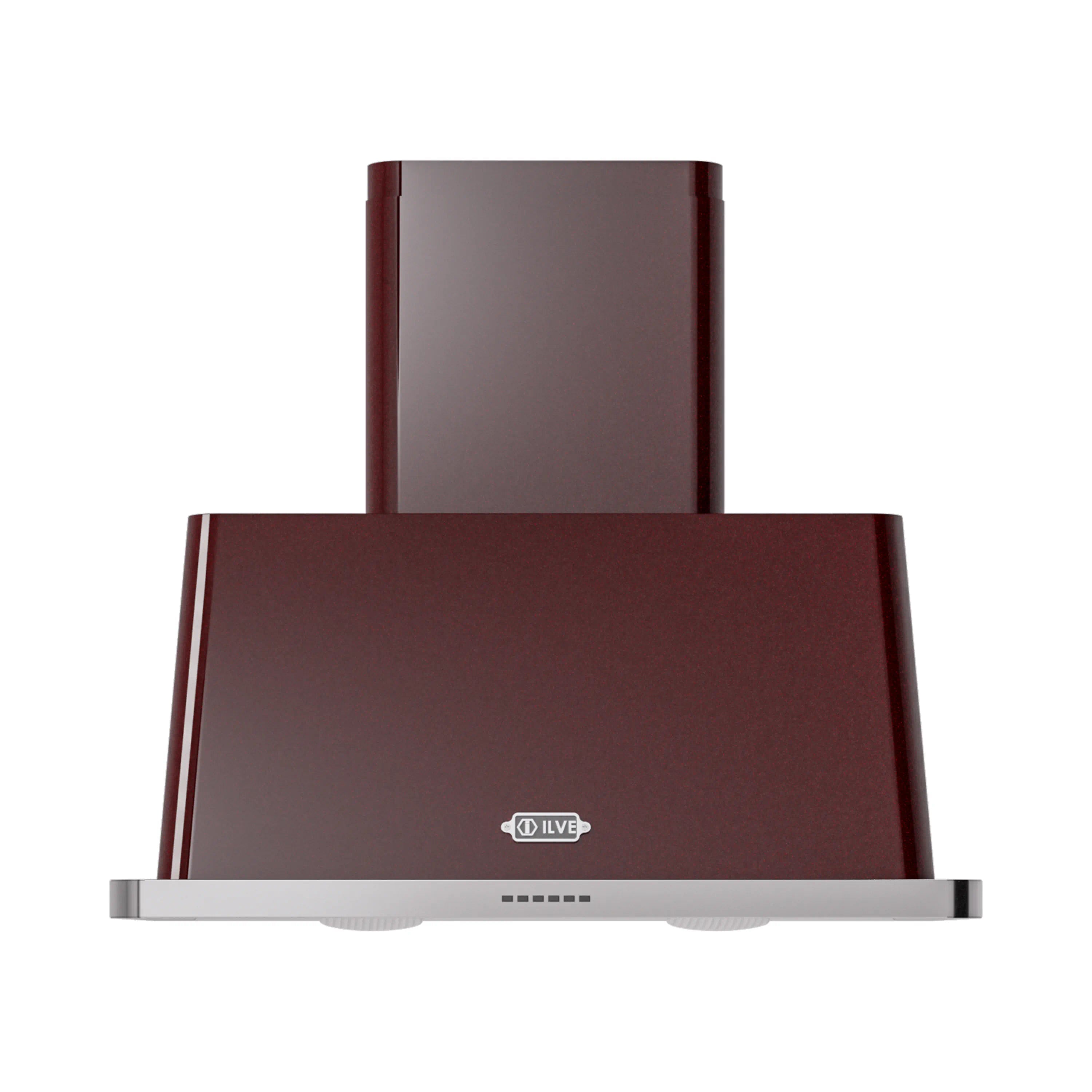Burgundy wall range hood with stainless bottom trim and control vent row
