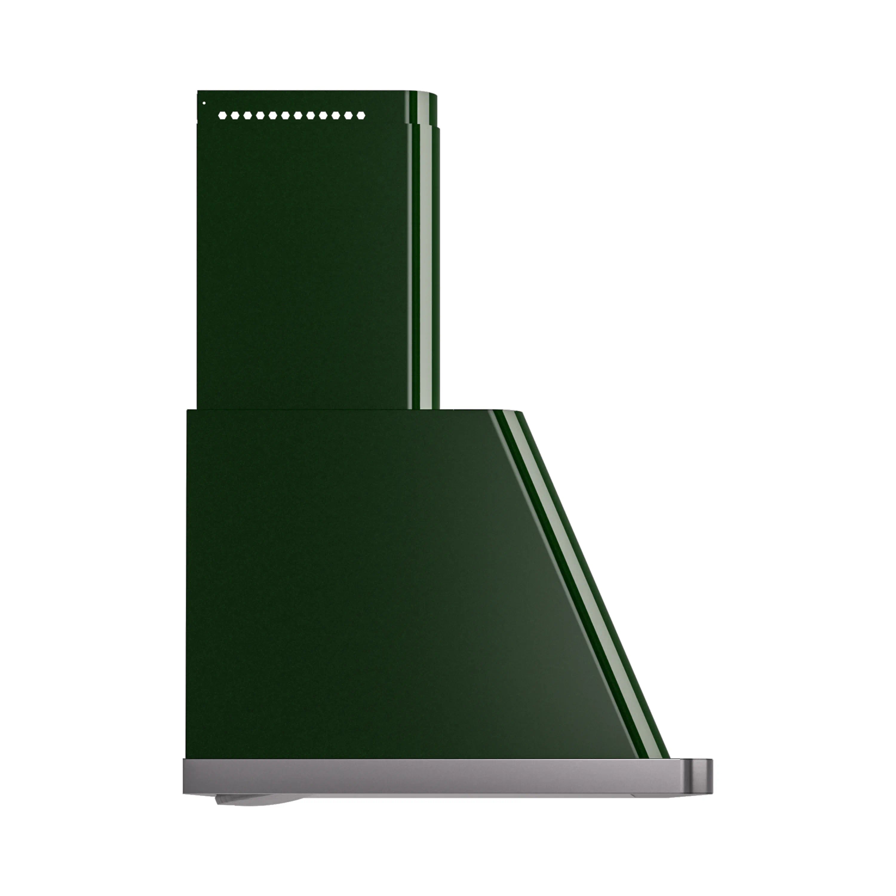 Emerald green wall-mount range hood with angled canopy and stainless trim
