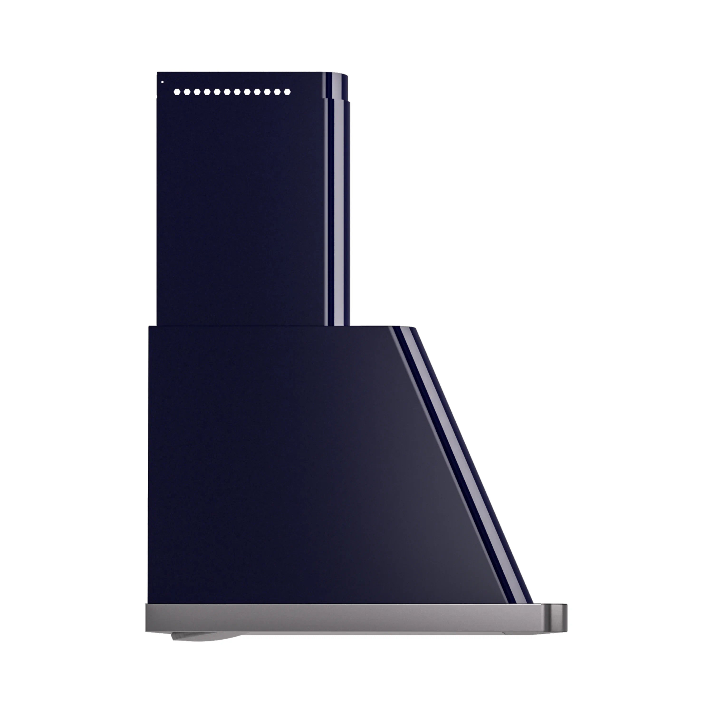 Midnight blue wall-mount range hood side angle with slanted canopy and stainless rim