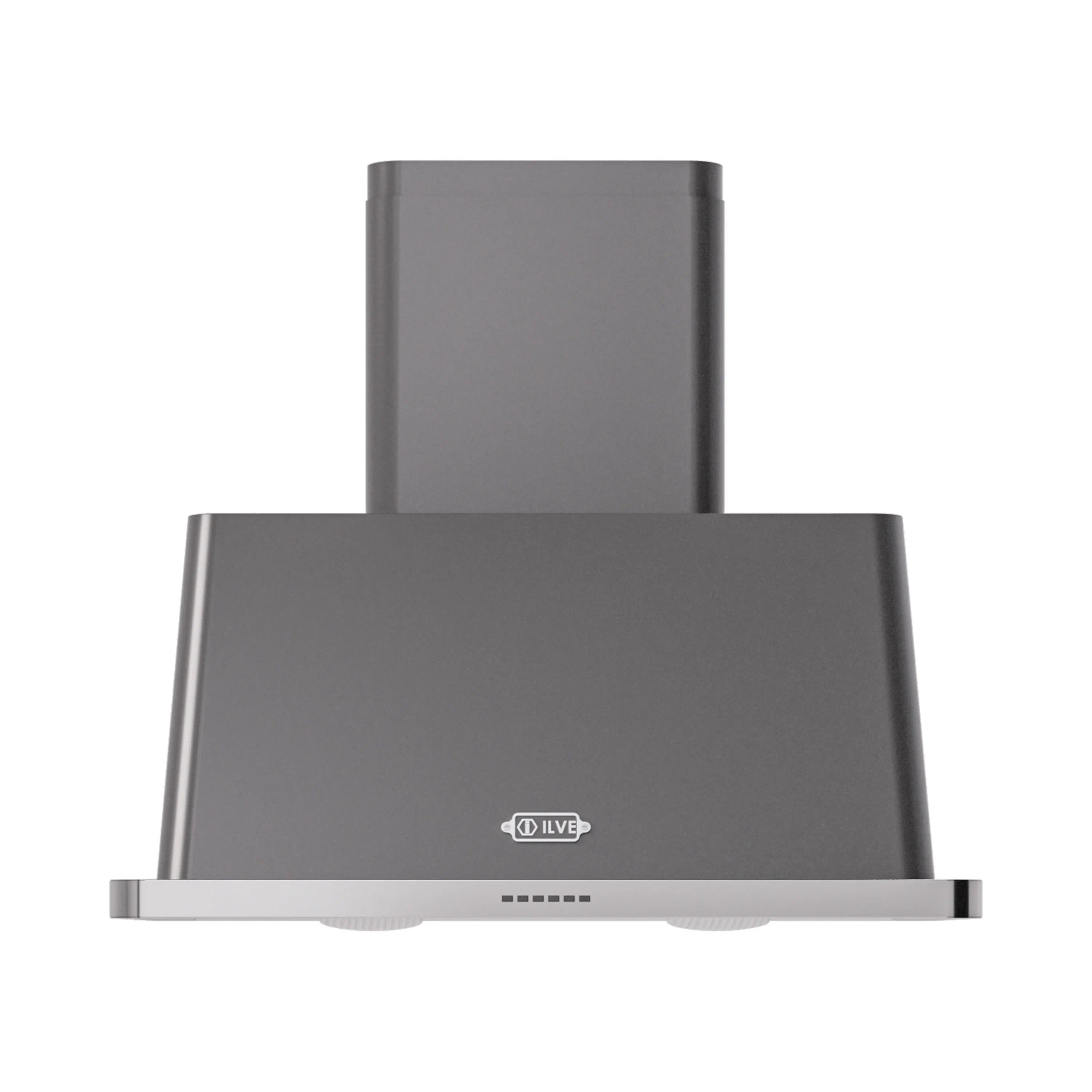 Graphite matte wall mount range hood front view with logo and control strip