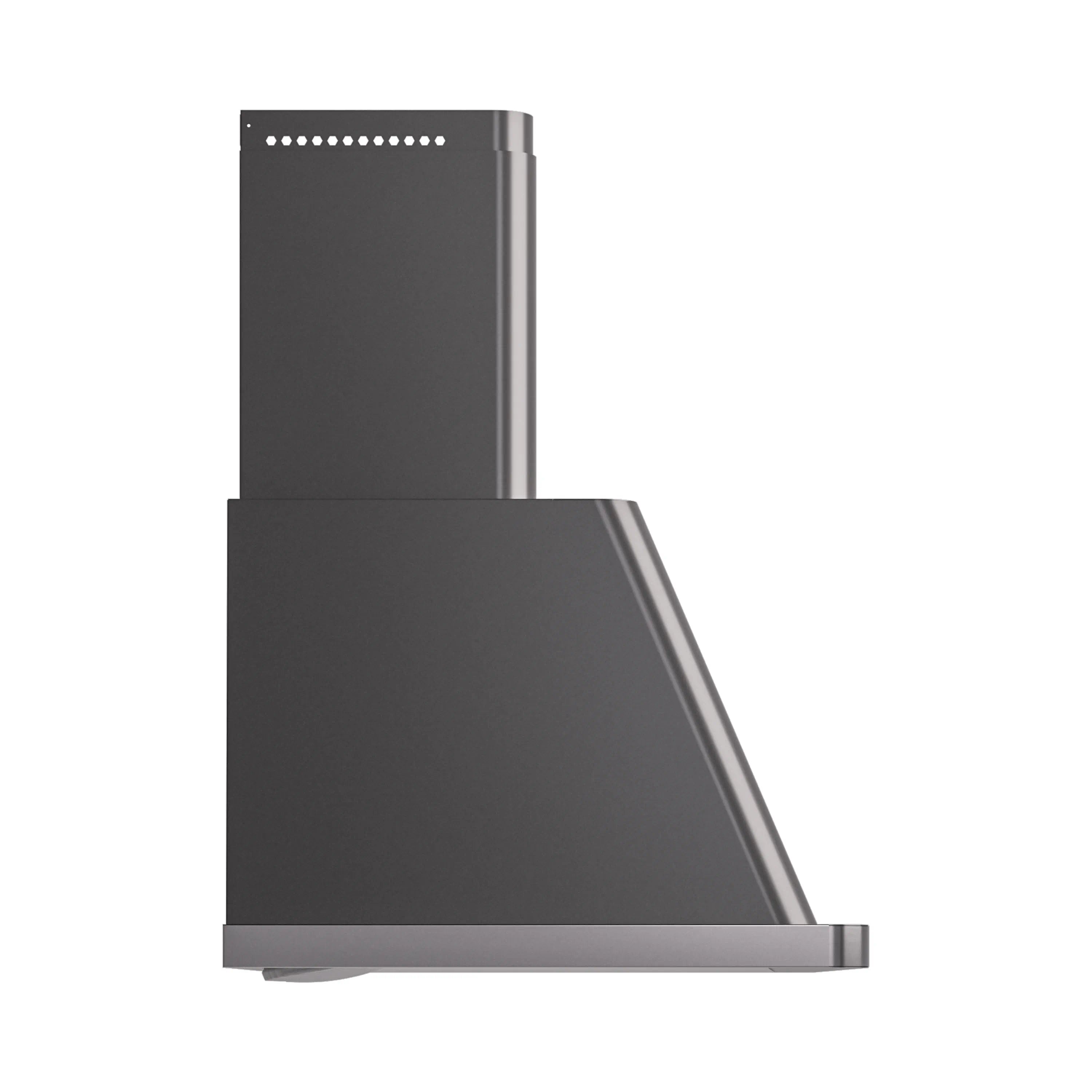Graphite matte wall mount range hood angled side view with chimney and canopy