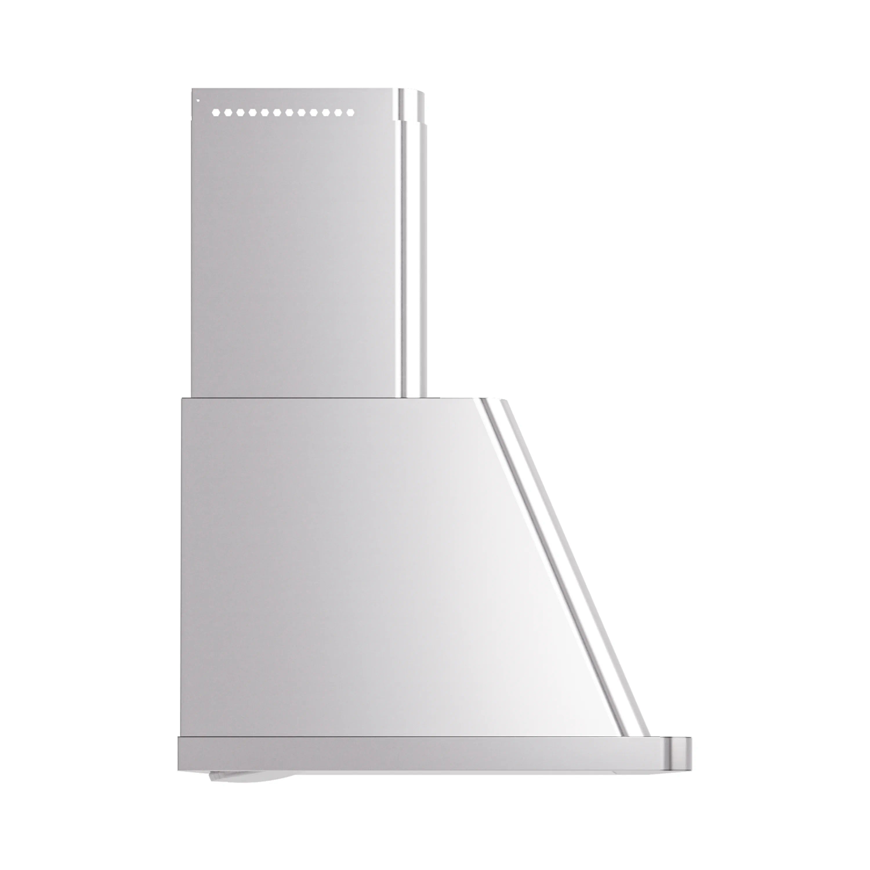 Stainless steel wall mount range hood, side view with curved chimney cover