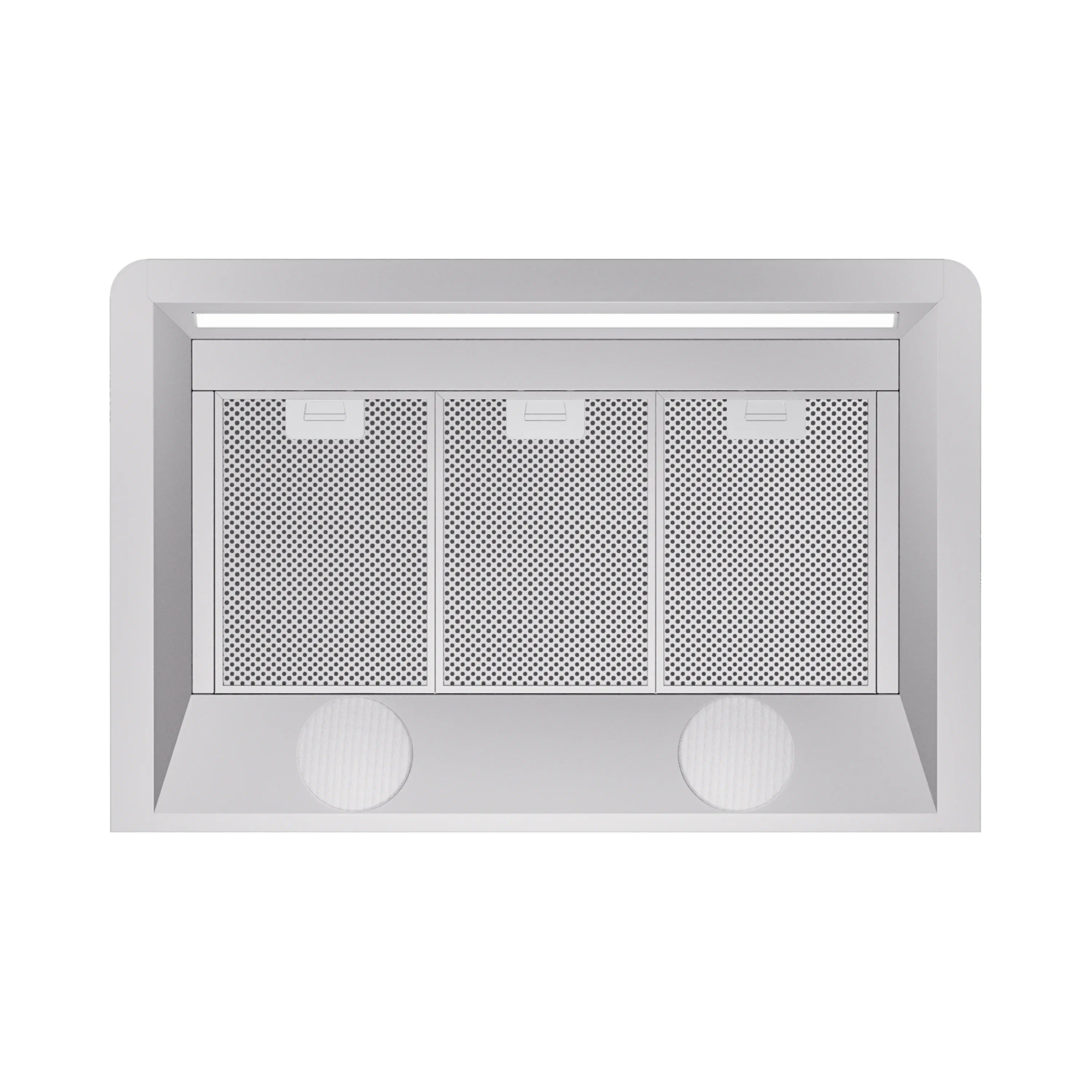 White wall-mount range hood with perforated grease filters and two round fan lights