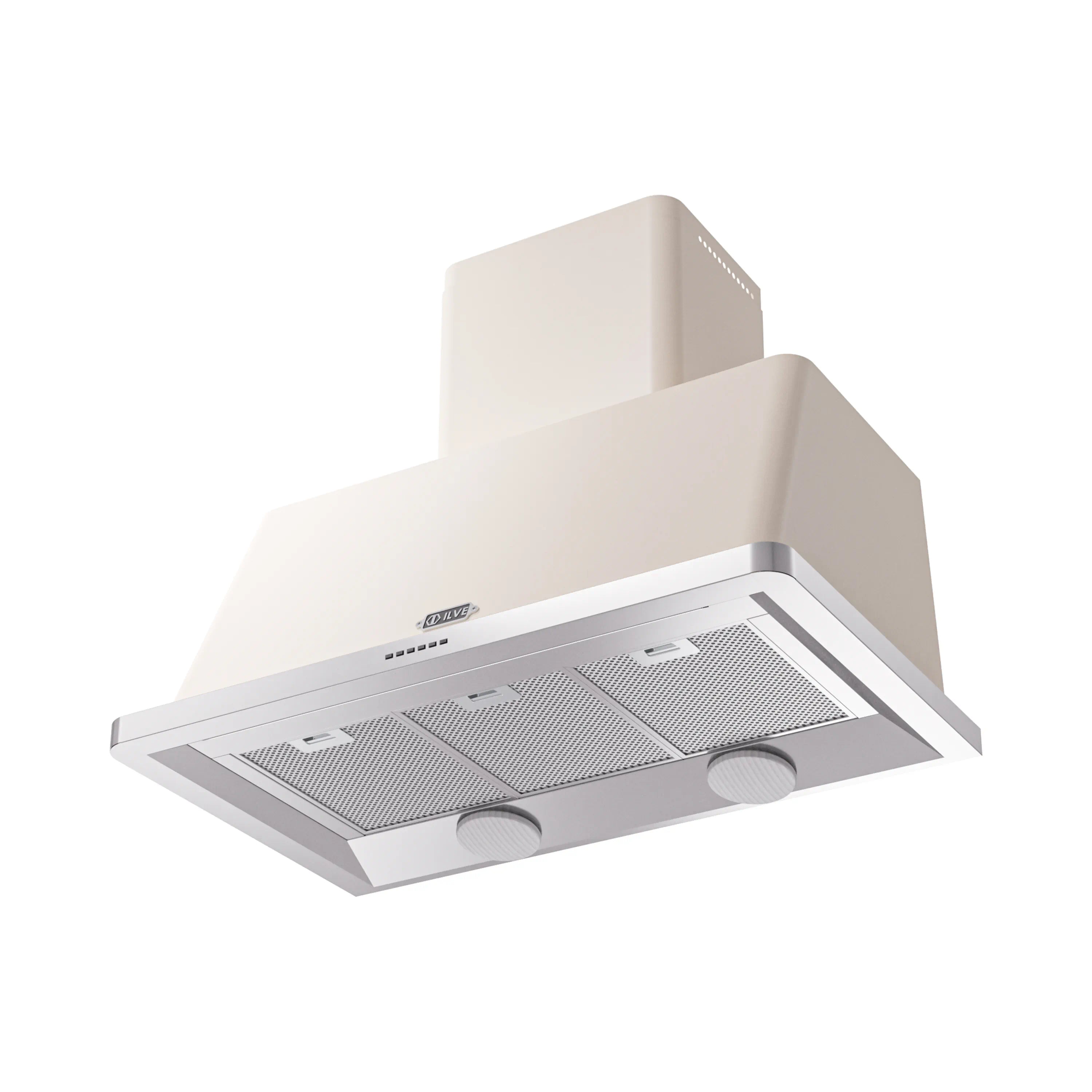 Antique white wall-mount range hood with stainless mesh filters and round control knobs