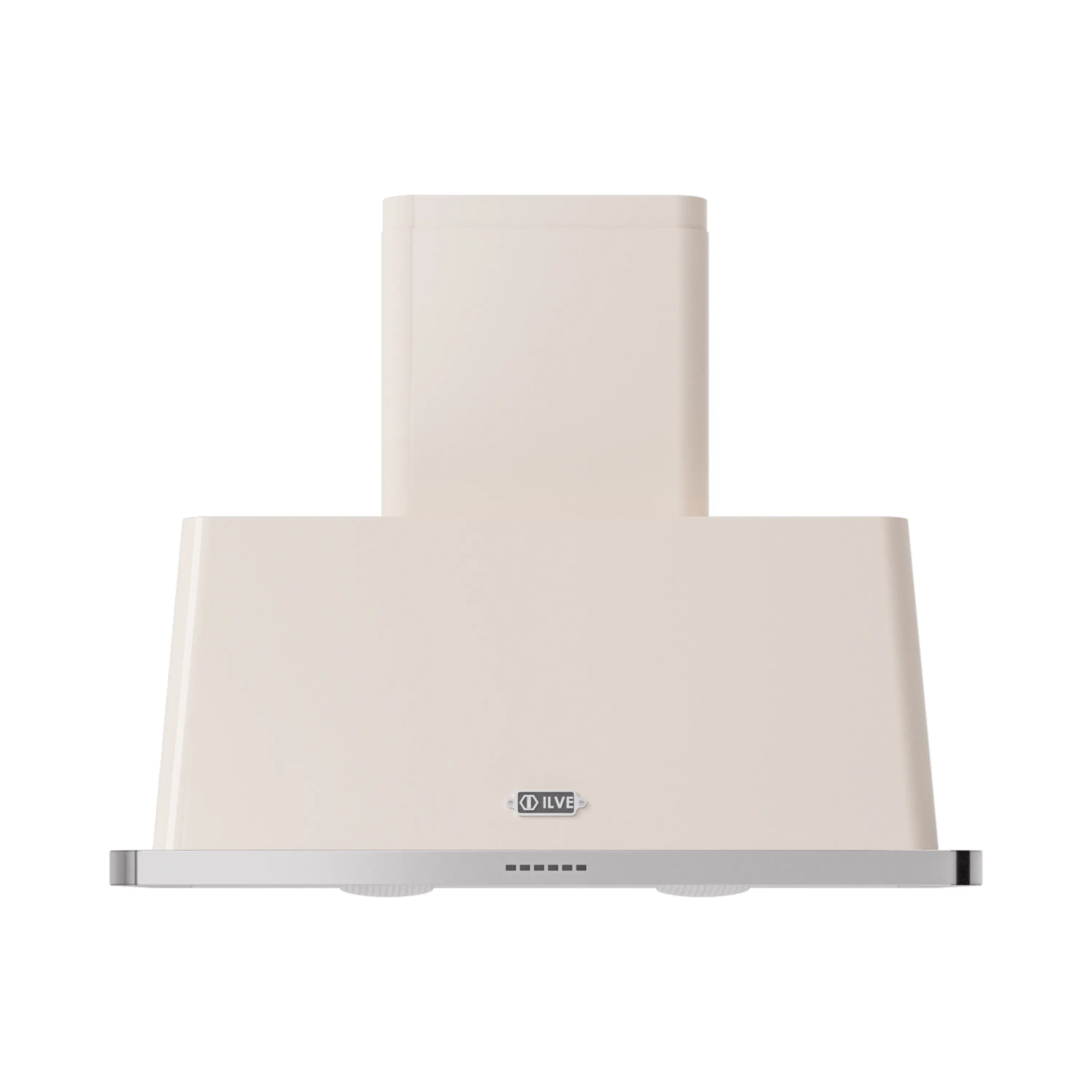 Antique white wall-mount range hood with stainless trim and central control panel