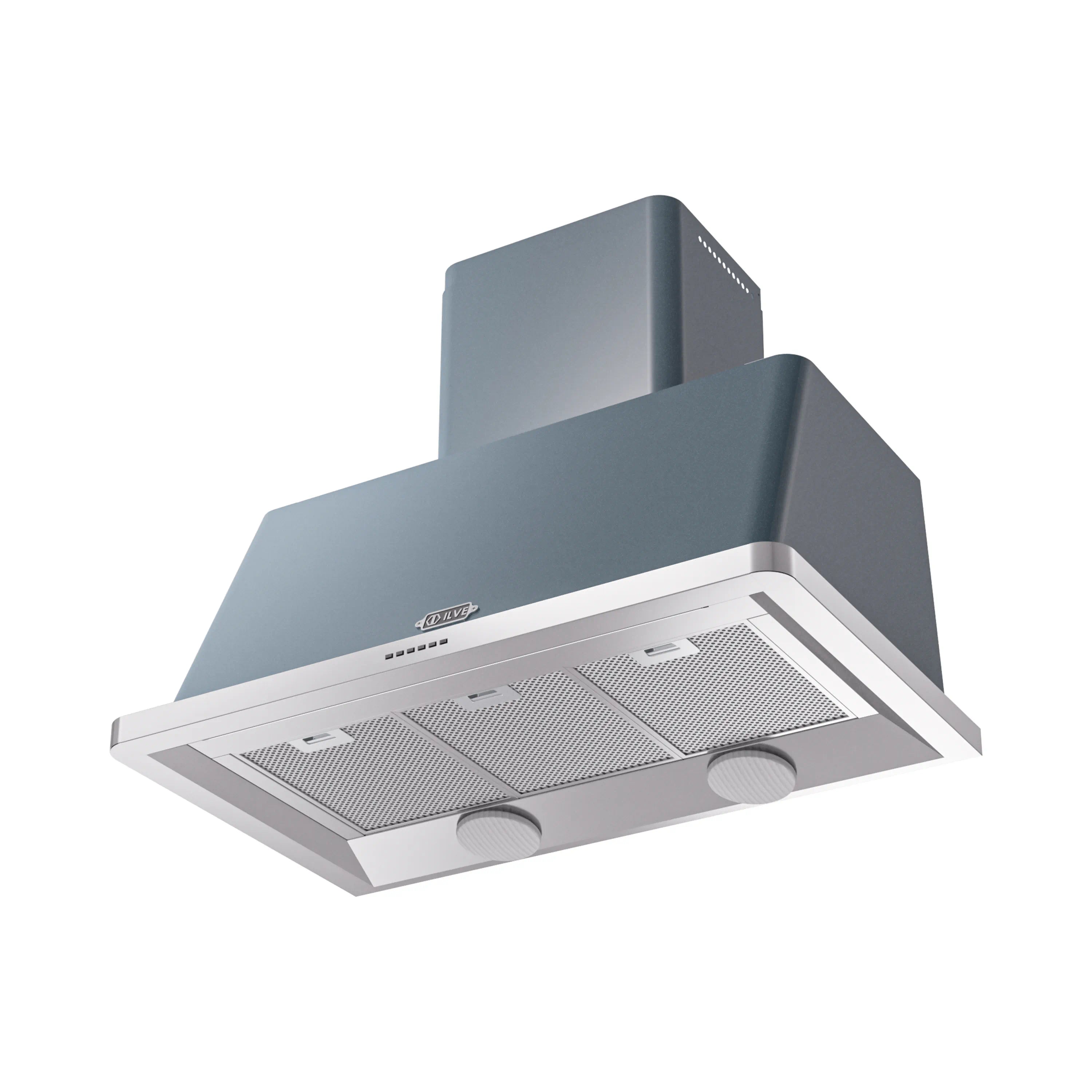 Under-hood view of blue gray range hood with mesh filters and two round knobs