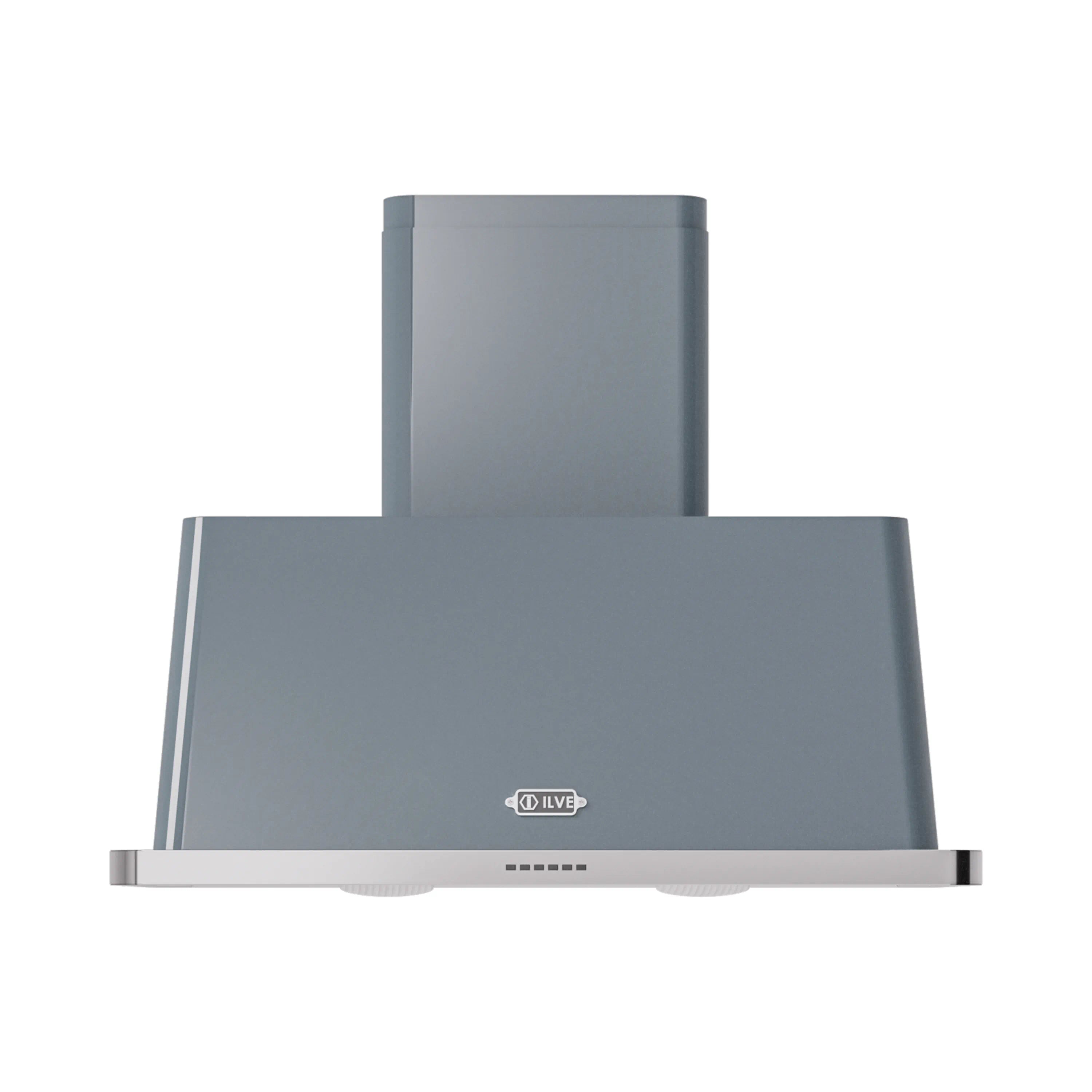 Wall-mount range hood with blue gray front panel and ILVE logo