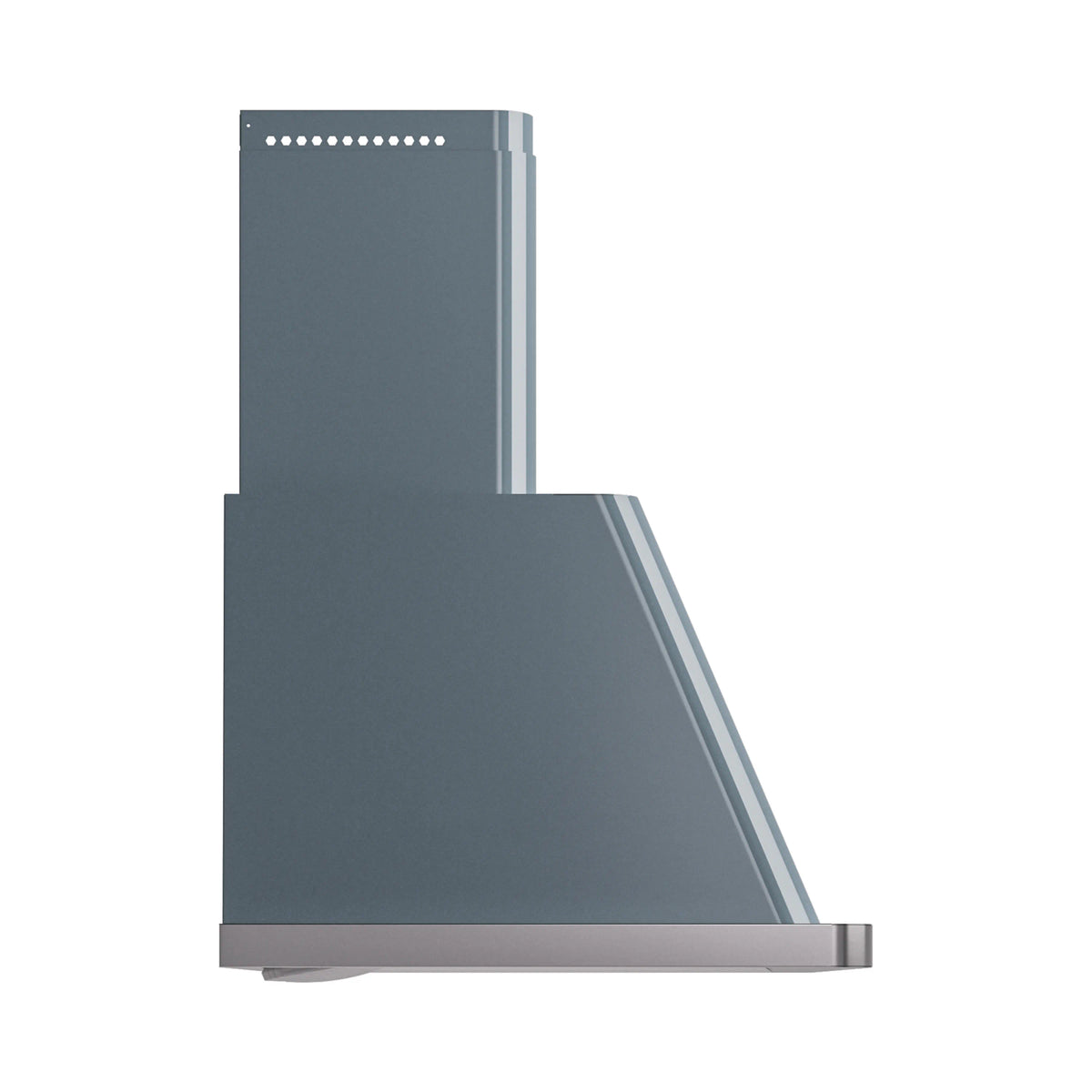 Wall-mount range hood in blue gray with flat chimney hood and side vent