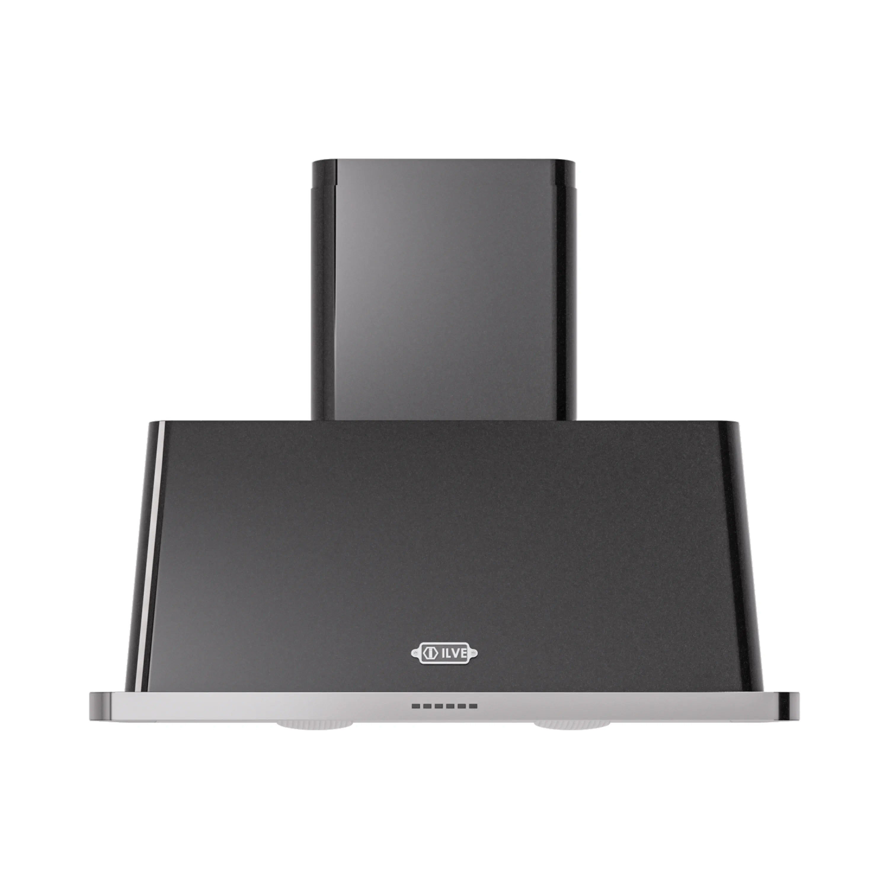 Glossy black wall-mounted range hood with front control panel and chimney stack