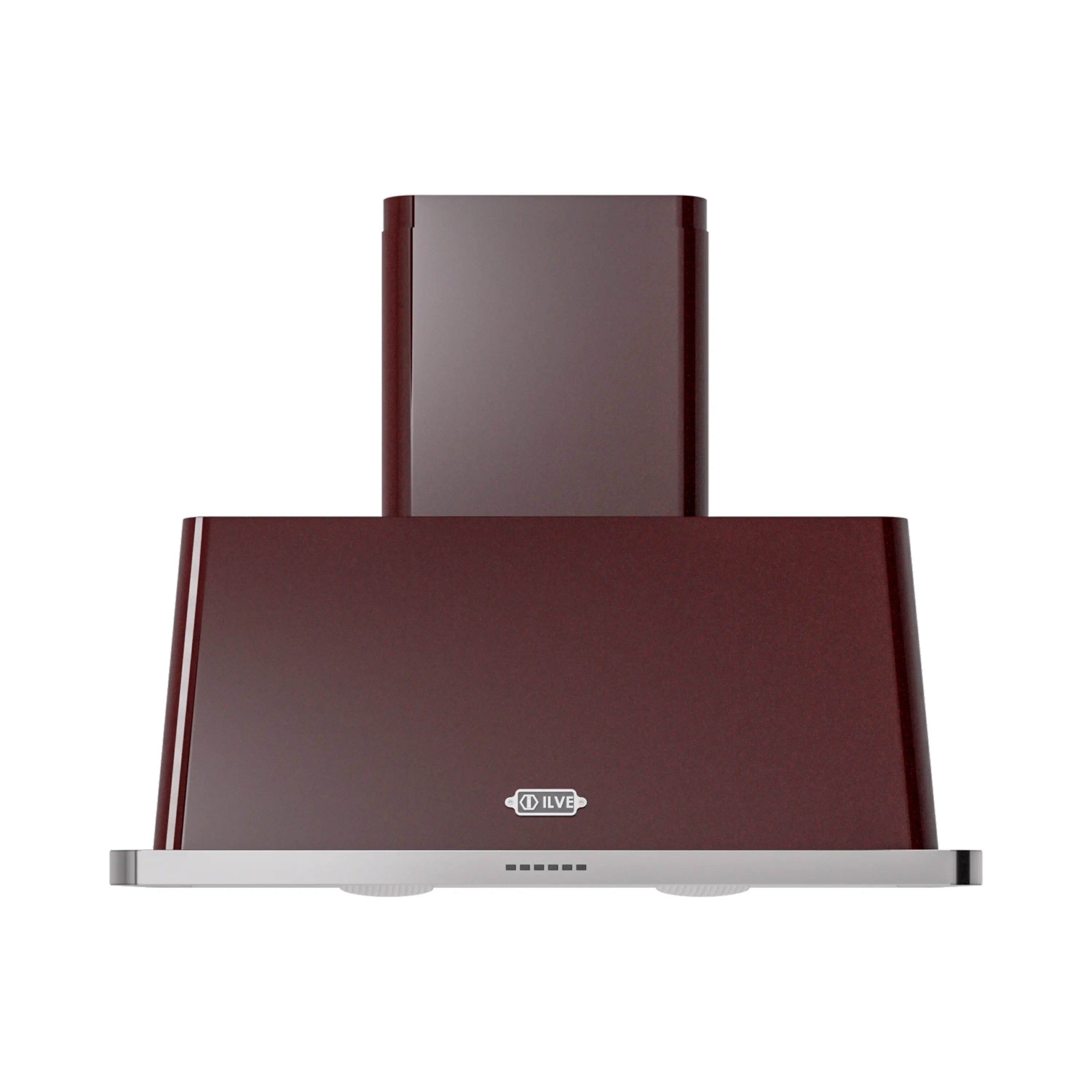 Burgundy wall-mounted range hood with tall chimney and stainless bottom trim
