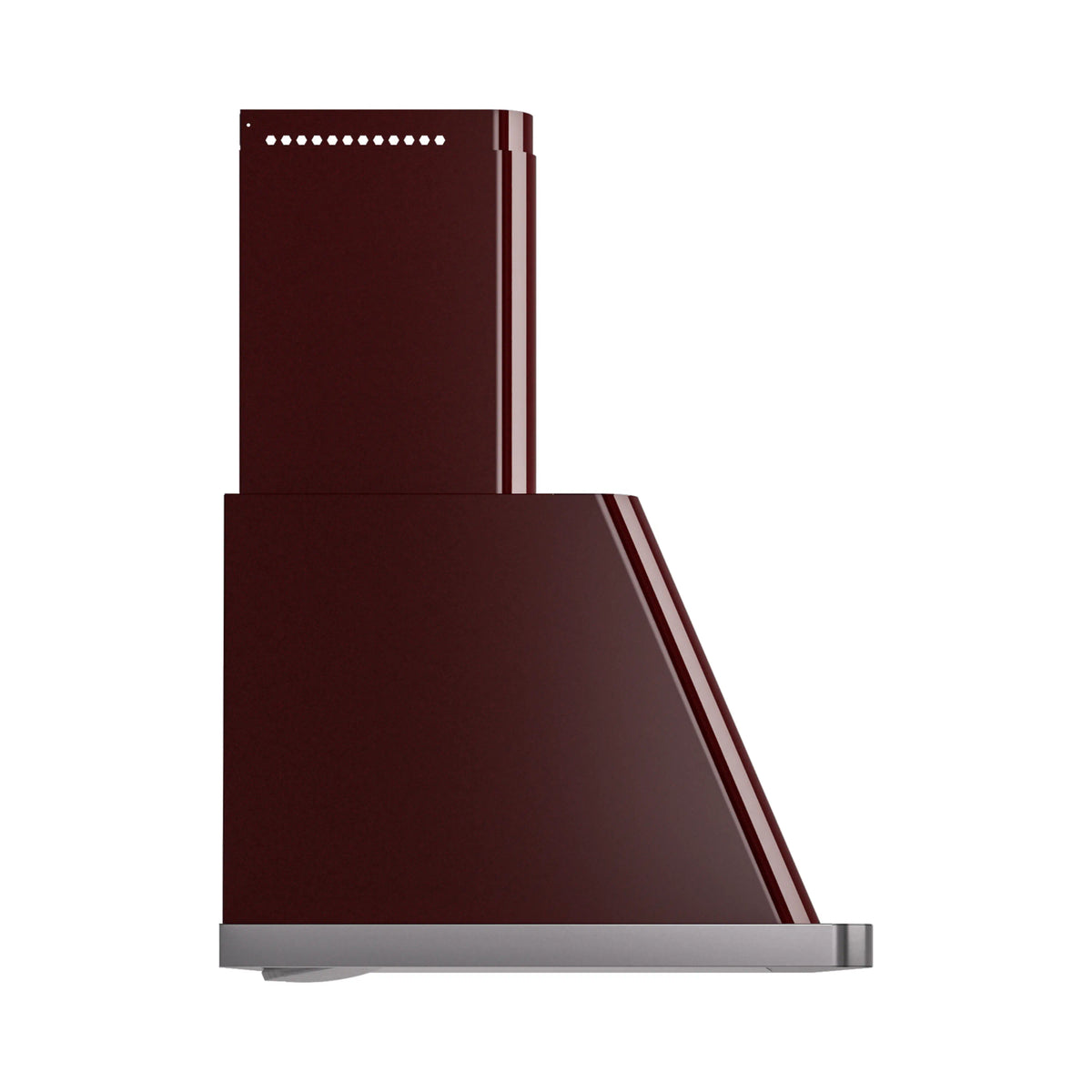 Burgundy wall-mount range hood with slanted chimney, stainless base, and control dots