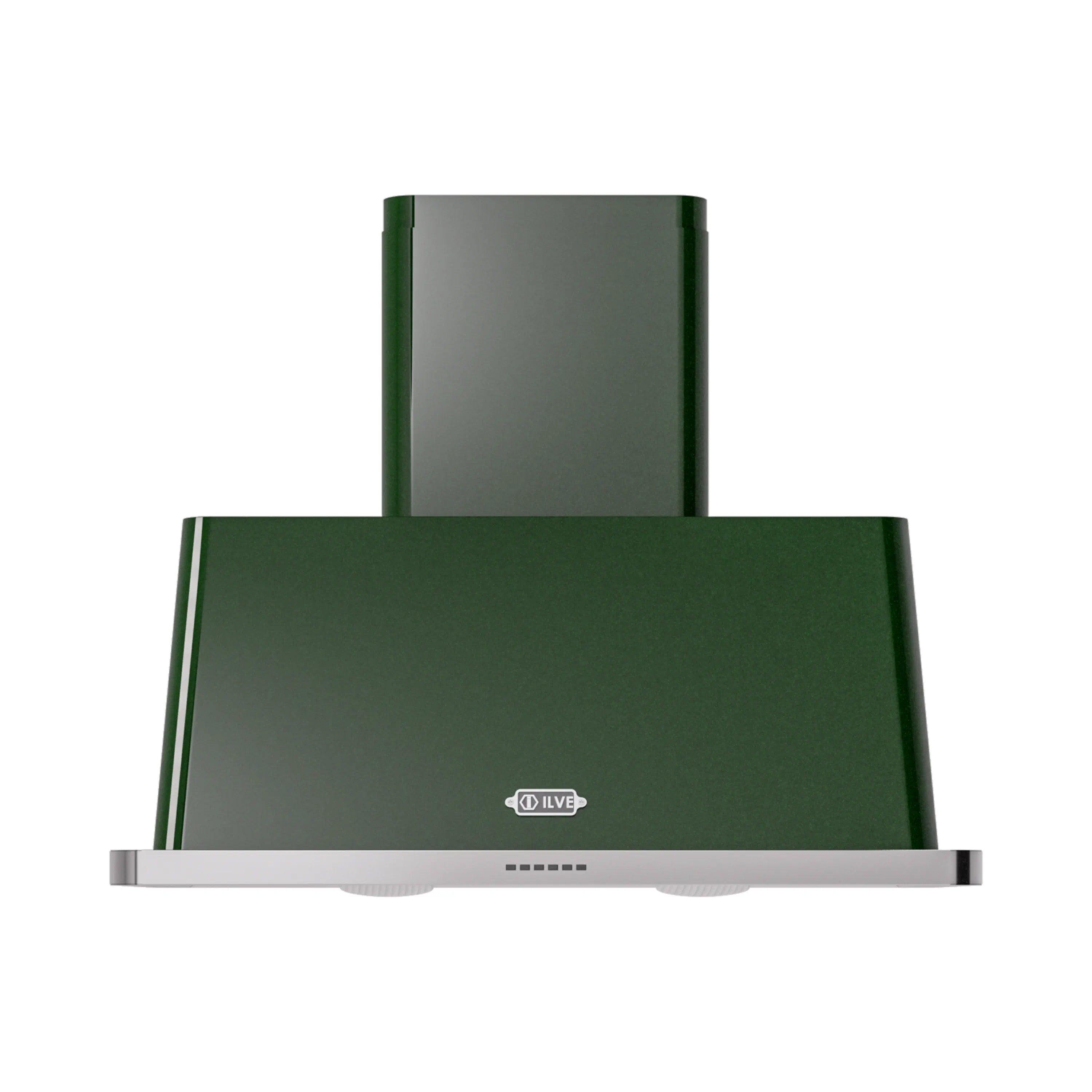 Emerald green wall mount range hood front view with stainless trim and chimney
