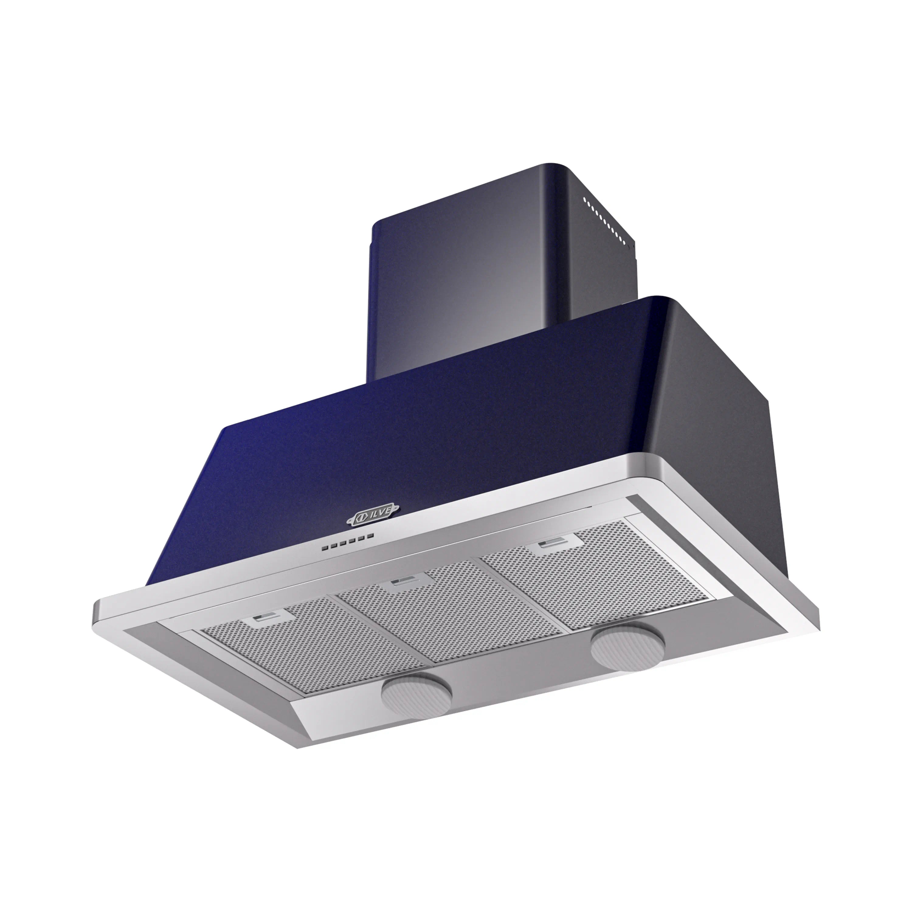 Midnight blue wall-mounted range hood with stainless vent filters and two control knobs