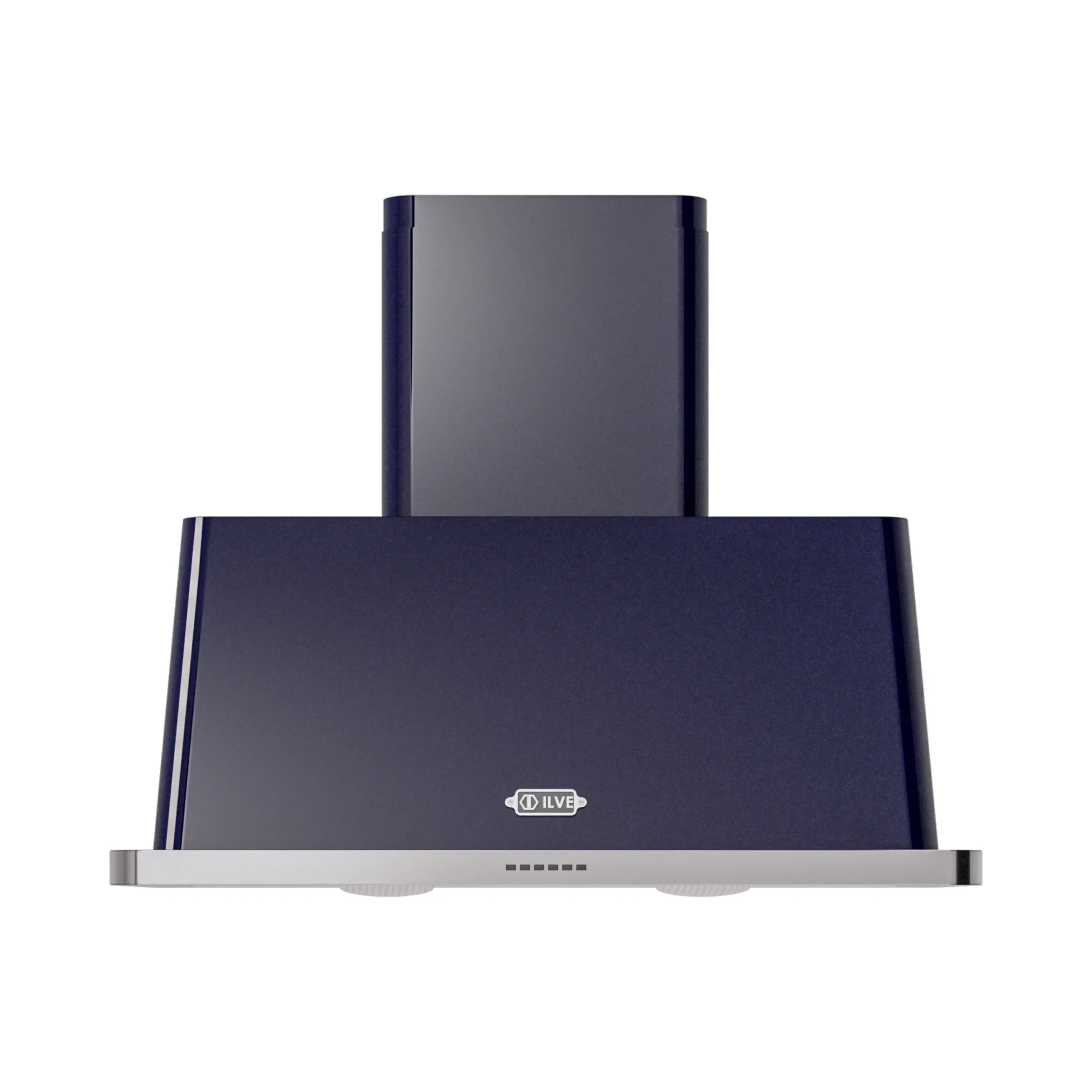 Midnight blue wall-mounted range hood with stainless trim and ILVE logo badge