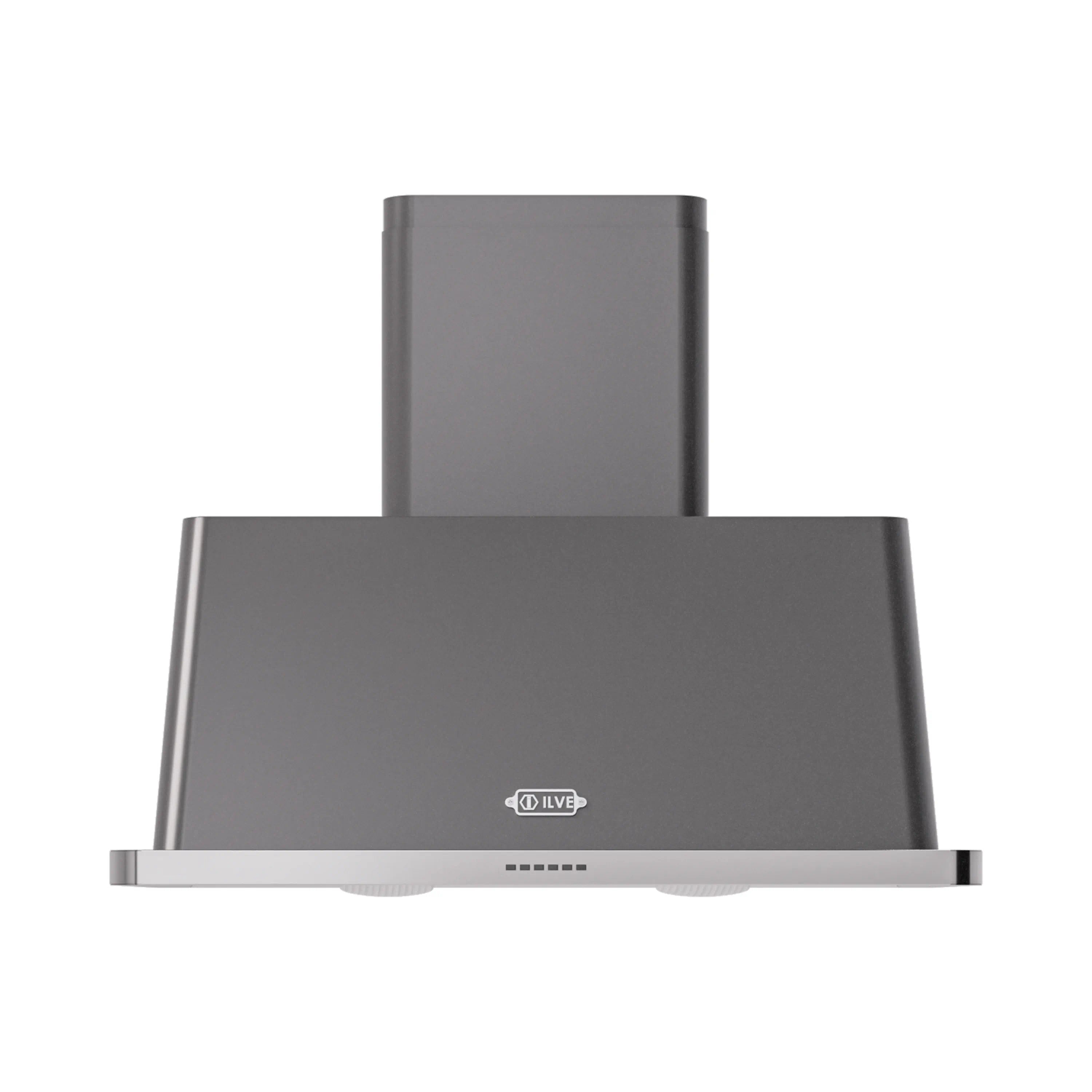 Wall mount range hood, matte graphite finish with wide canopy and control panel