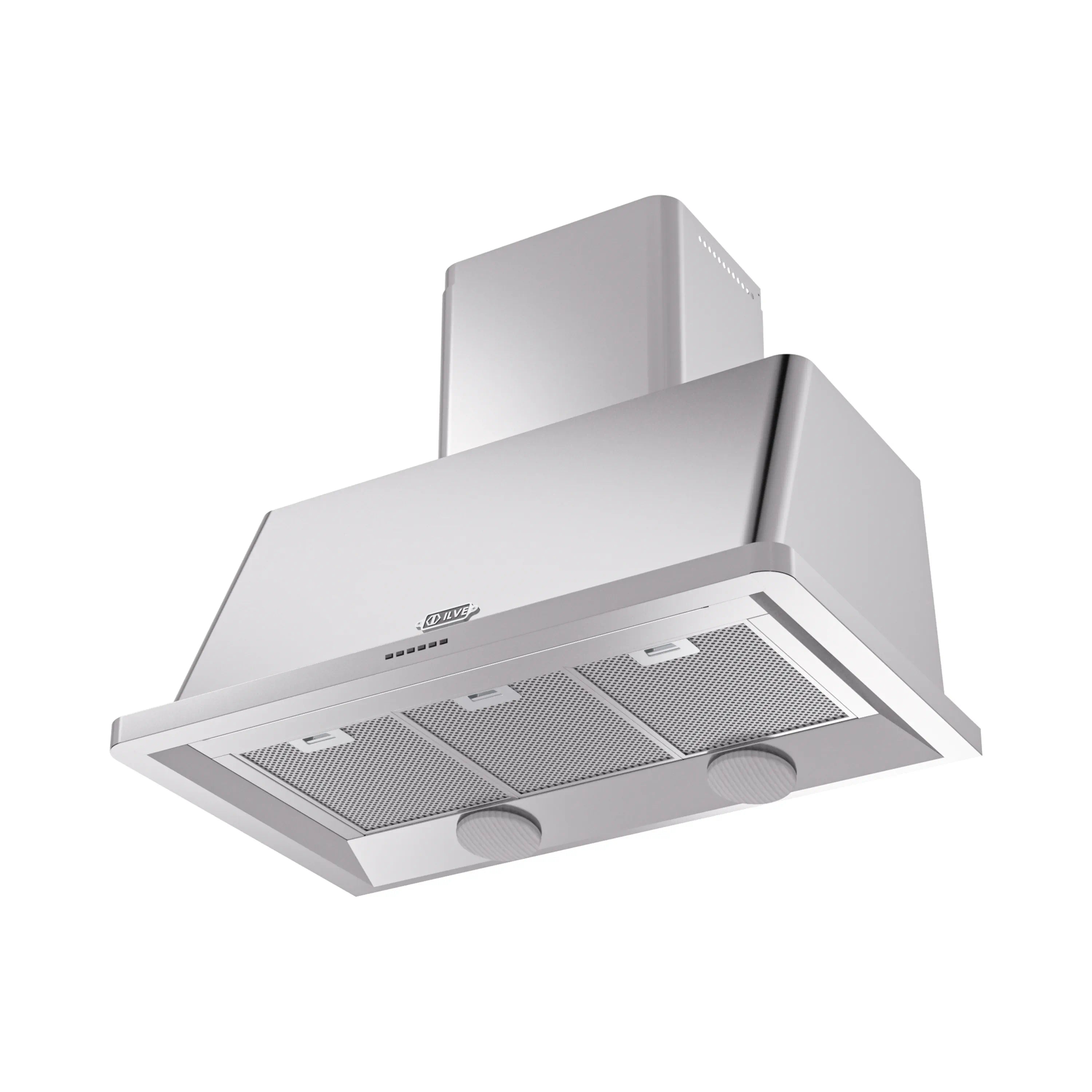 Stainless steel wall mount range hood with dual baffle filters and control panel