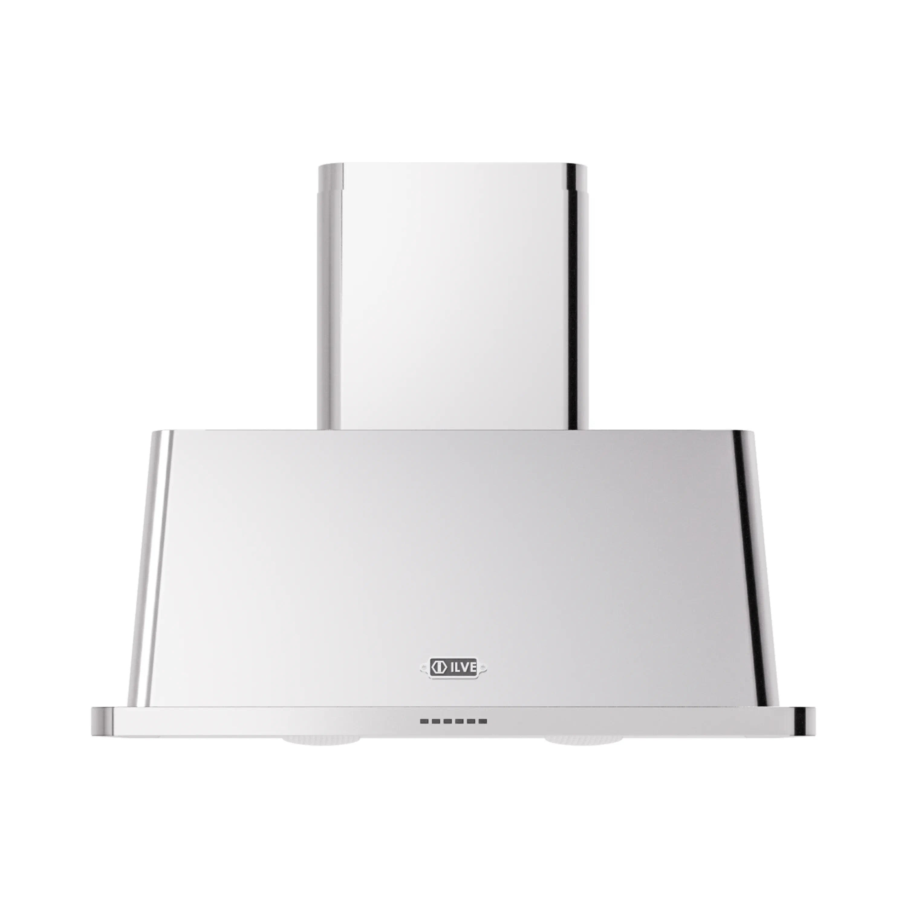 Stainless steel wall mount range hood front view with centered logo and chimney
