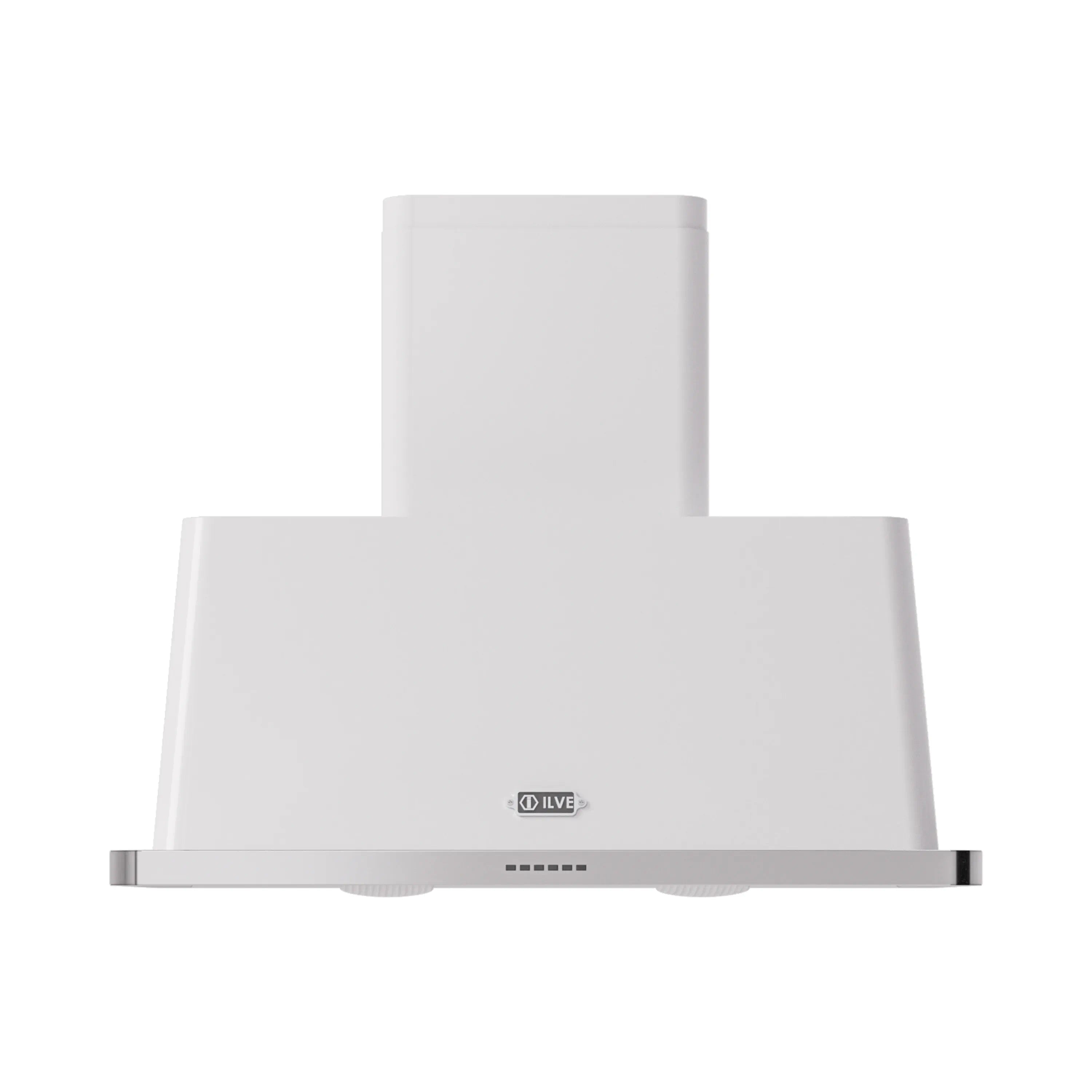 White wall-mount range hood with chimney stack and ILVE center logo