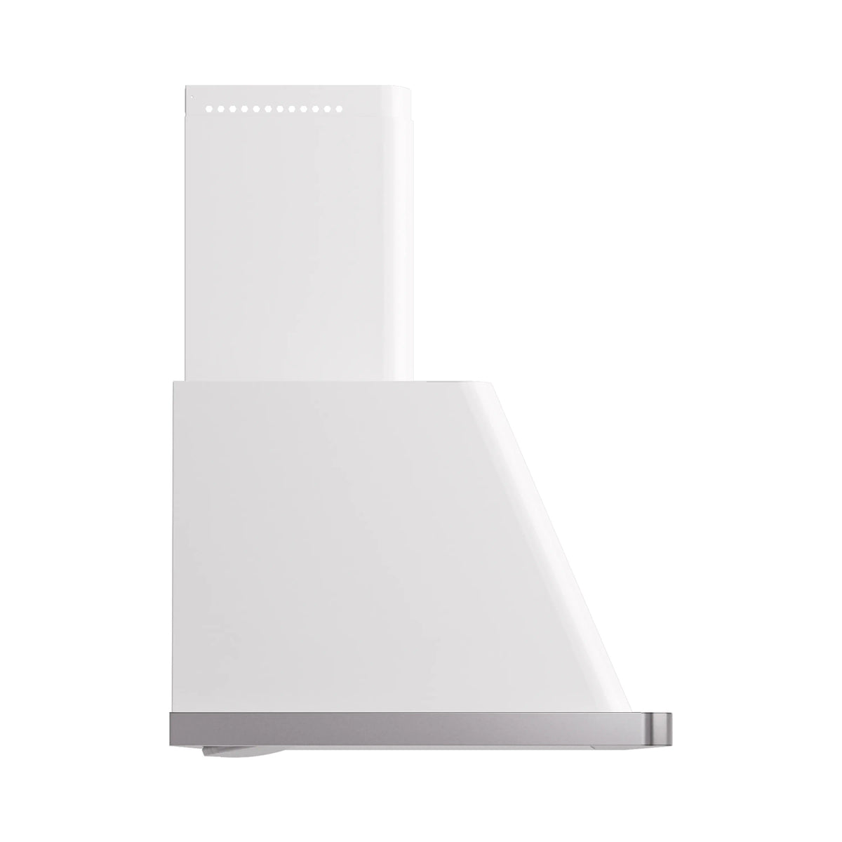 White wall-mount range hood side view with stainless trim on bottom edge