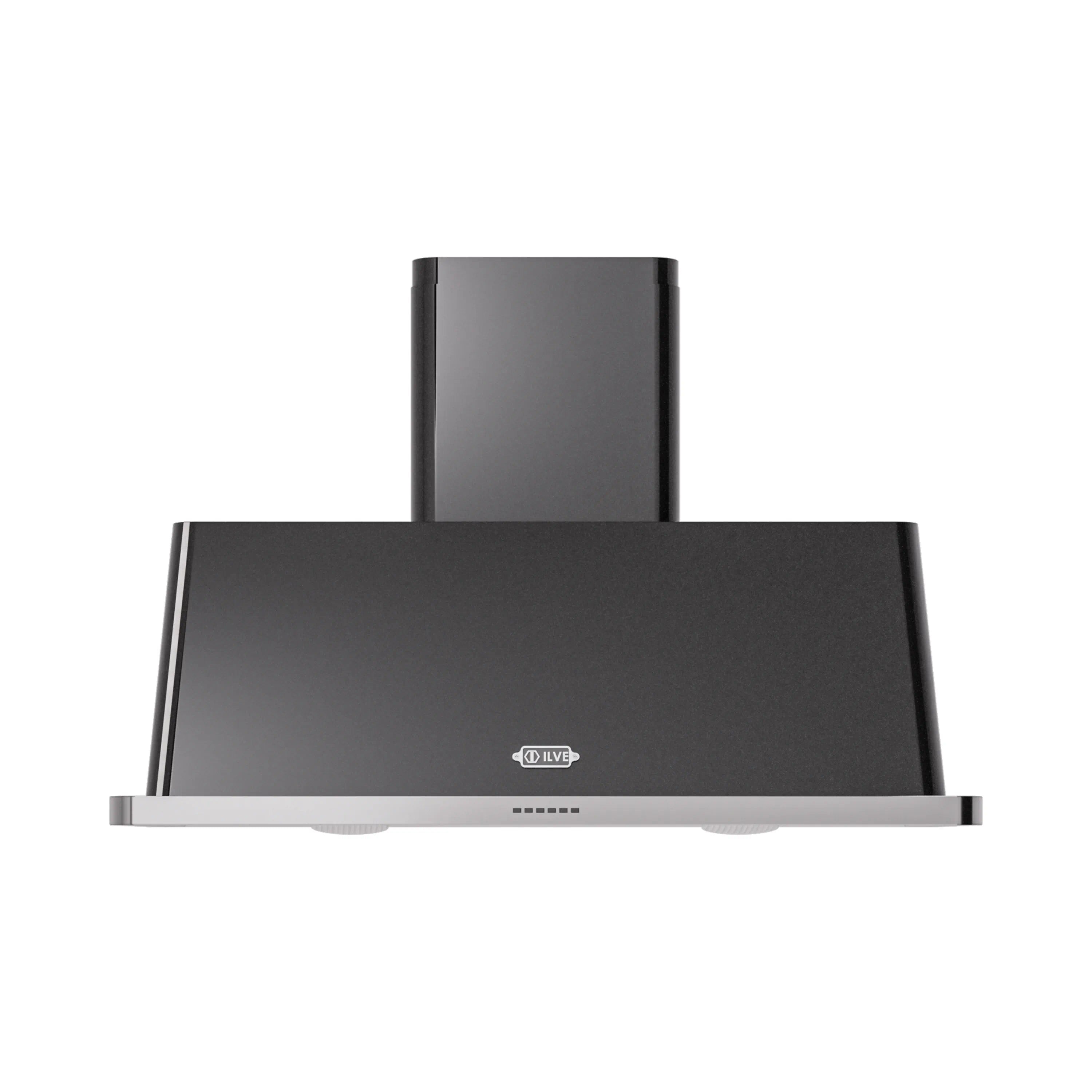 Black wall-mounted range hood front view with stainless lower edge and control panel
