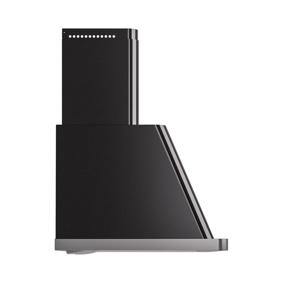 Glossy black wall-mounted range hood with stainless trim and sloped canopy