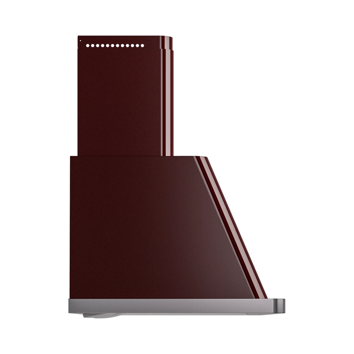 Burgundy wall-mount range hood with stainless bottom edge and chimney duct