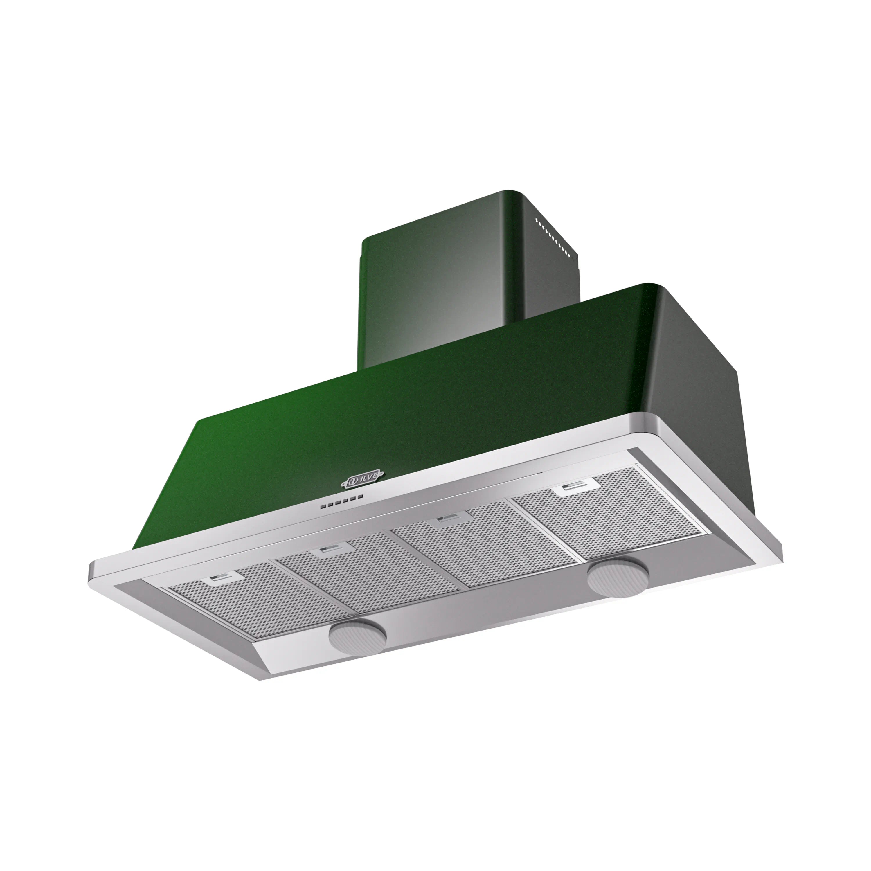 Emerald green wall-mount range hood with vented filters and two circular fan grilles