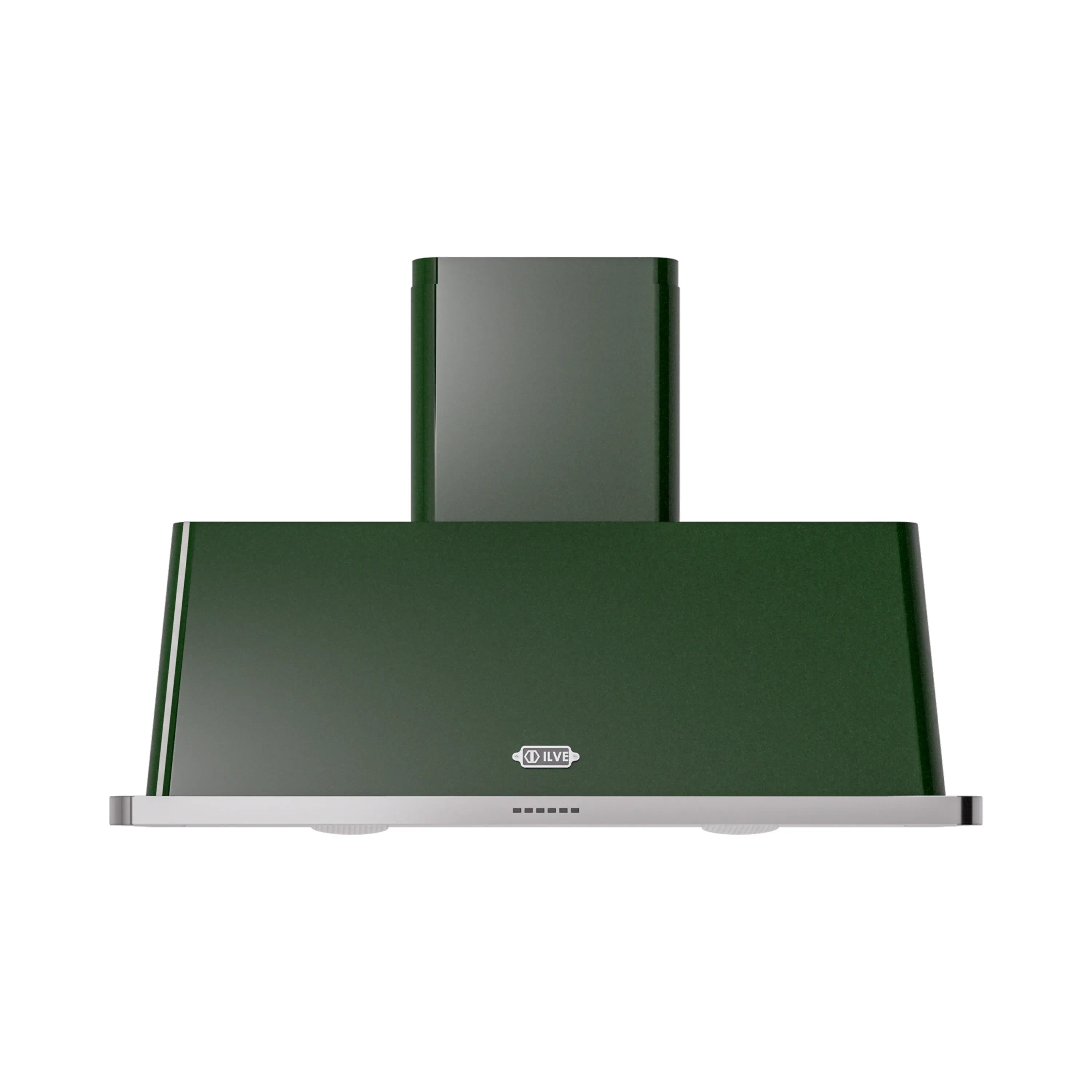 Emerald green wall-mount range hood with central emblem and stainless vent trim