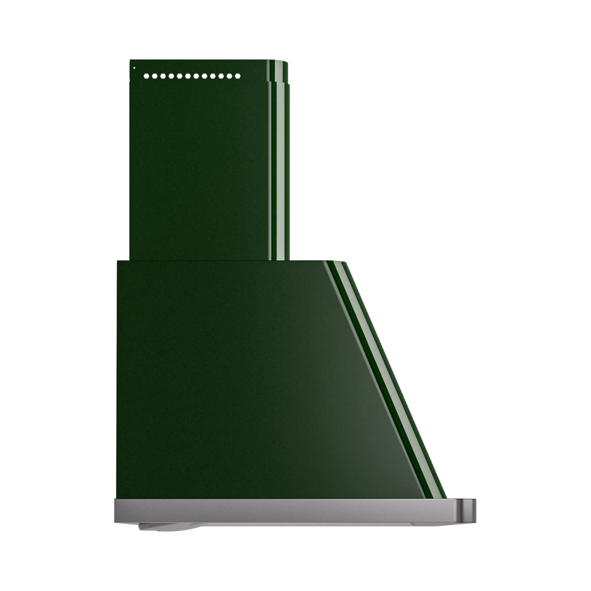 Emerald green wall-mount range hood corner view with side flues and stainless lower trim